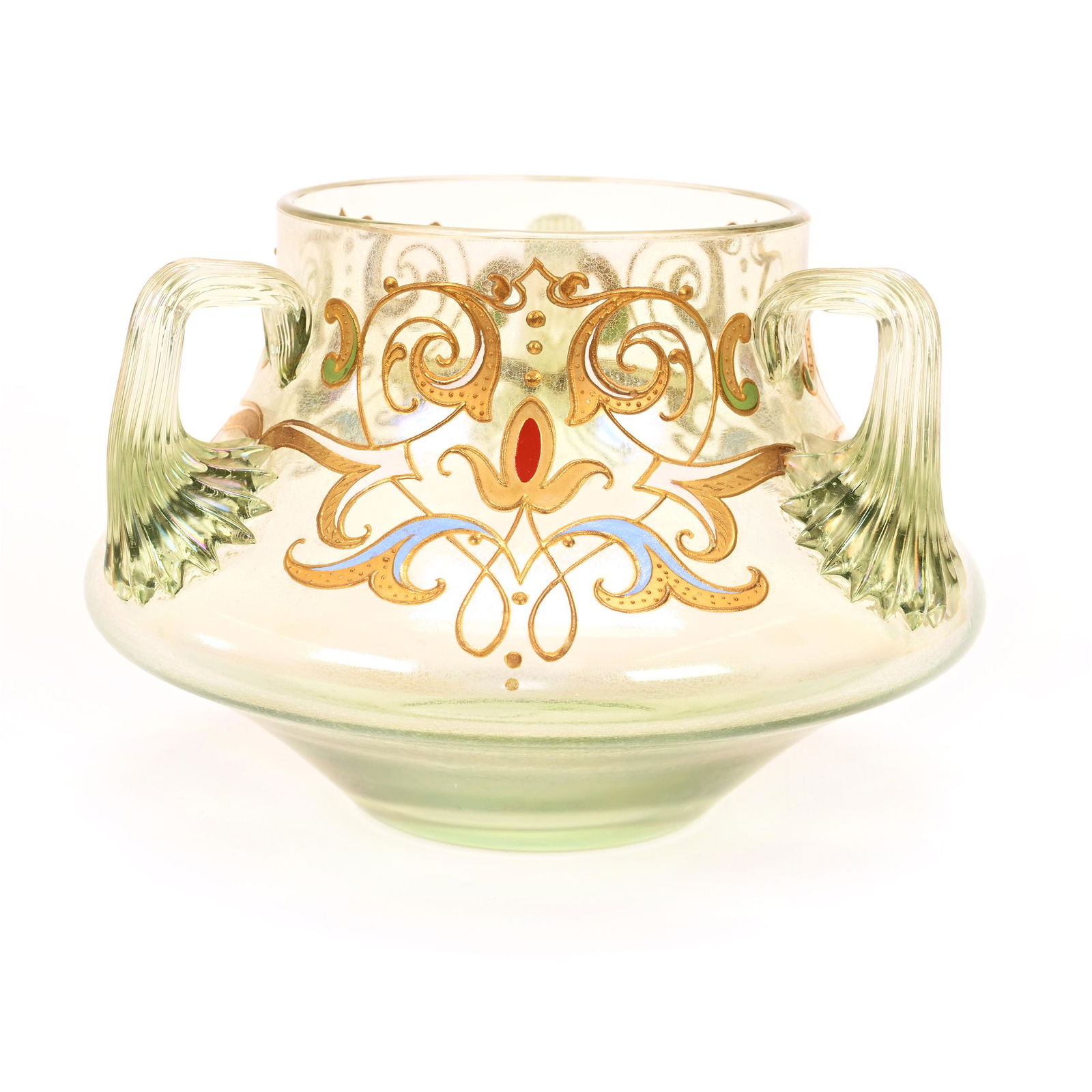 Vase, Three Handles, Iridescent Green Bohemian (1 of 3)