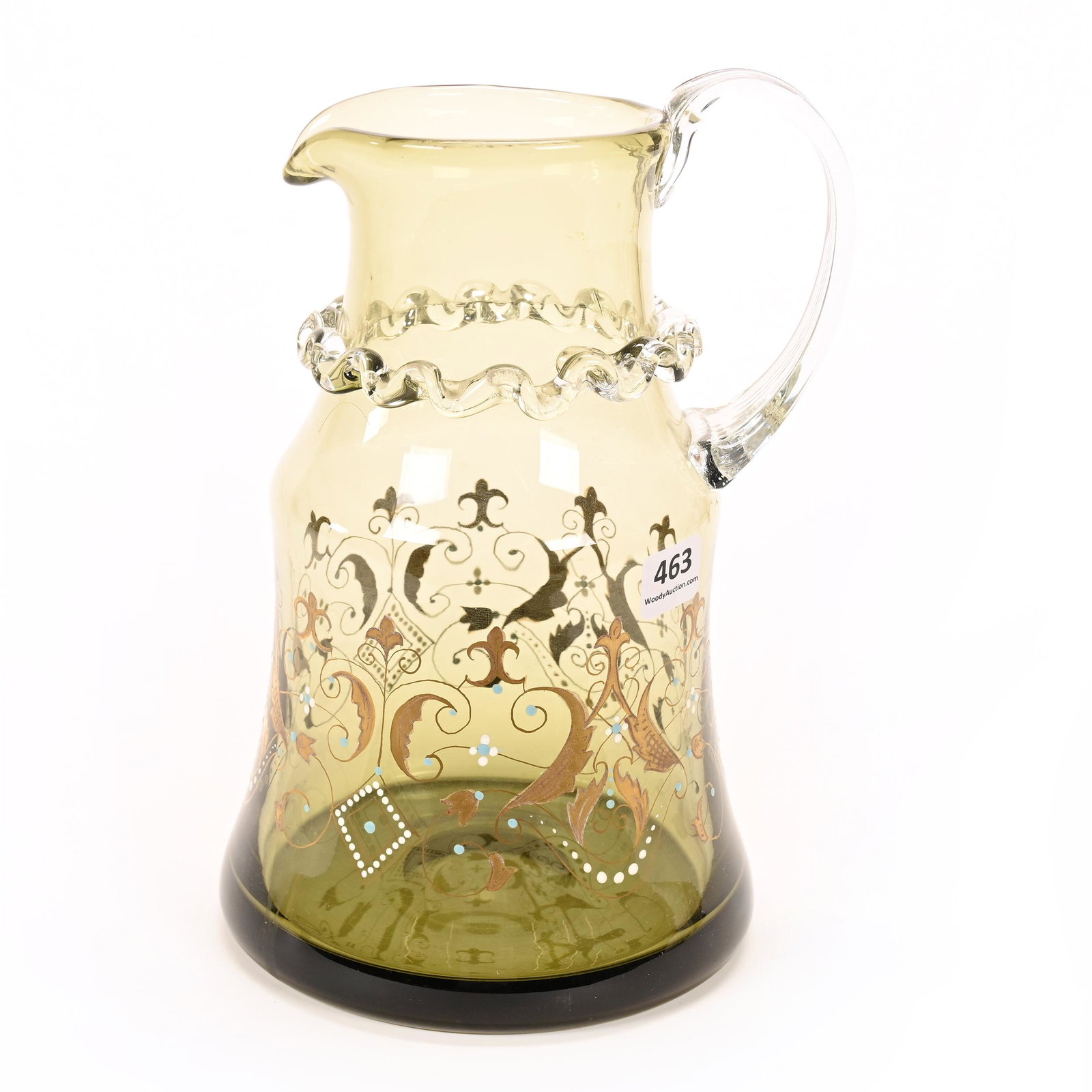 Pitcher, Green Bohemian Art Glass: Pitcher, Green Bohemian Art Glass, 9" x 5.5", Gold And White Enamel Scroll Design, Clear Applied Rigoree Rim, Ribbed Handle, Polished Pontil Base, Don Henson Estate, Michigan. Part 2. This Auction Is 