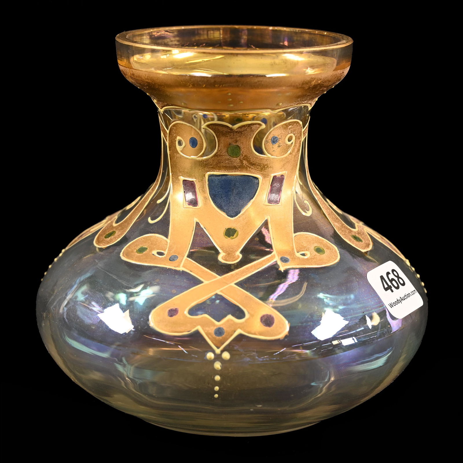 Vase, Clear Iridescent Bohemian Art Glass: Vase, Clear Iridescent Bohemian Art Glass, 5" x 5", Gold Art Deco Design With Colorful Enamel Highlights, Don Henson Estate, Michigan. Part 2. This Auction Is The Continuation Of The Dispersal Of A Co