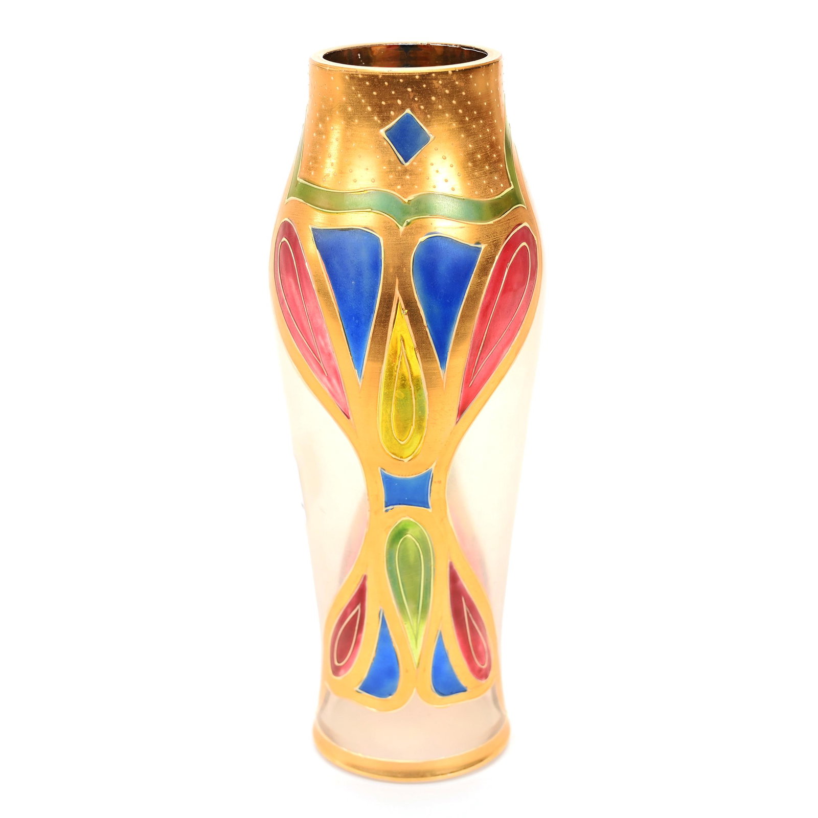 Vase, Clear Bohemian Art Glass: Vase, Clear Bohemian Art Glass, 6.75" x 2.5", Heavy Gold And Translucent Enamel Art Deco Design, Don Henson Estate, Michigan. Part 2. This Auction Is The Continuation Of The Dispersal Of A Collection 