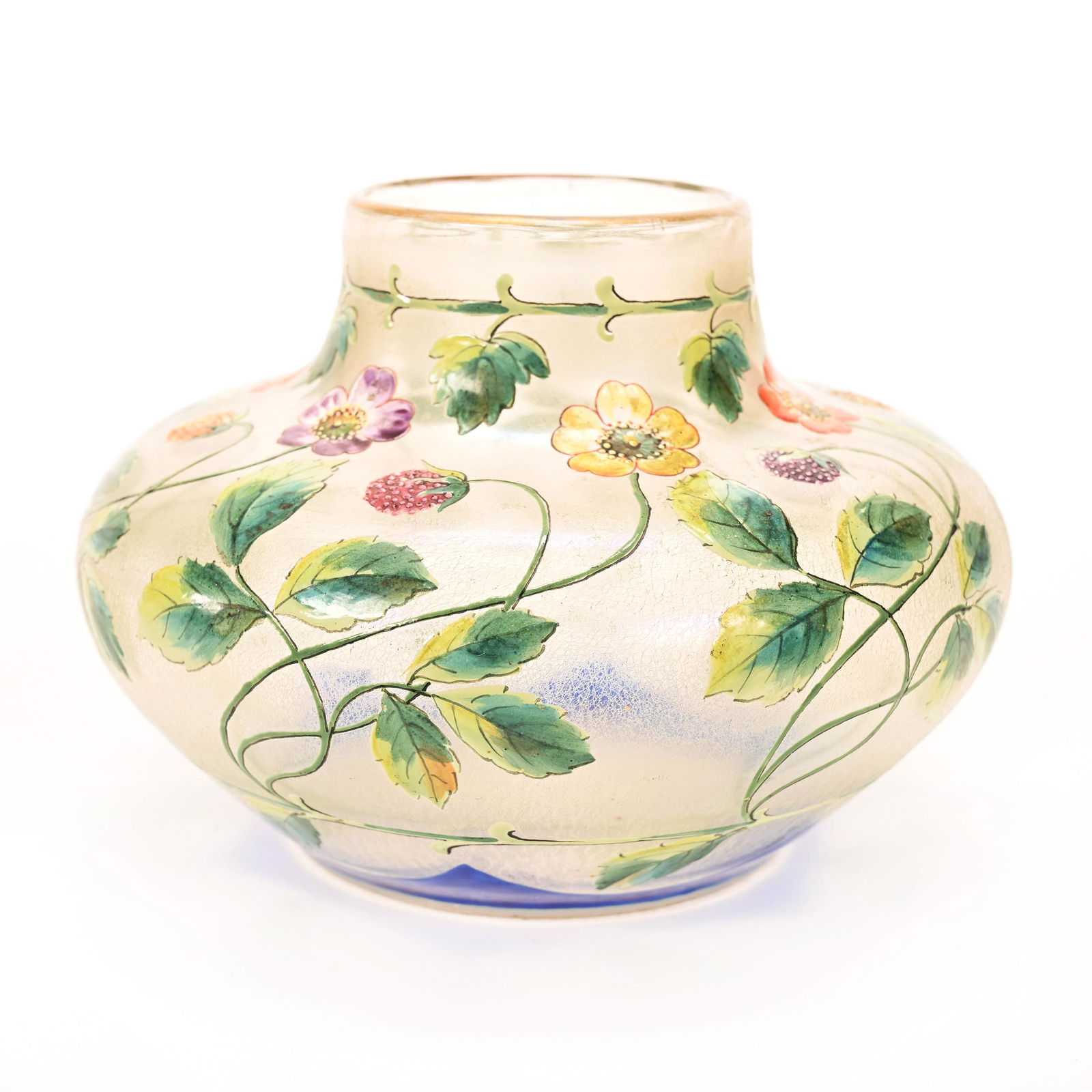 Vase Signed F.H. (Fritz Heckert) Bohemian Art Glass: Vase Signed F.H. (Fritz Heckert) Bohemian Art Glass, 4.25" x 5.5", Heavy Enamel Blossom And Berry Decor, Nice Quality, Don Henson Estate, Michigan. Part 2. This Auction Is The Continuation Of The Disp