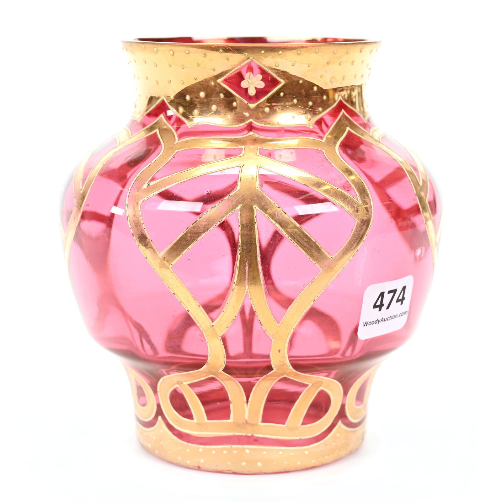 Vase, Cranberry Bohemian Art Glass: Vase, Cranberry Bohemian Art Glass, 5.25" x 4.5", Gold Enamel Art Deco Design, Don Henson Estate, Michigan. Part 2. This Auction Is The Continuation Of The Dispersal Of A Collection Of Over 1,800 Item