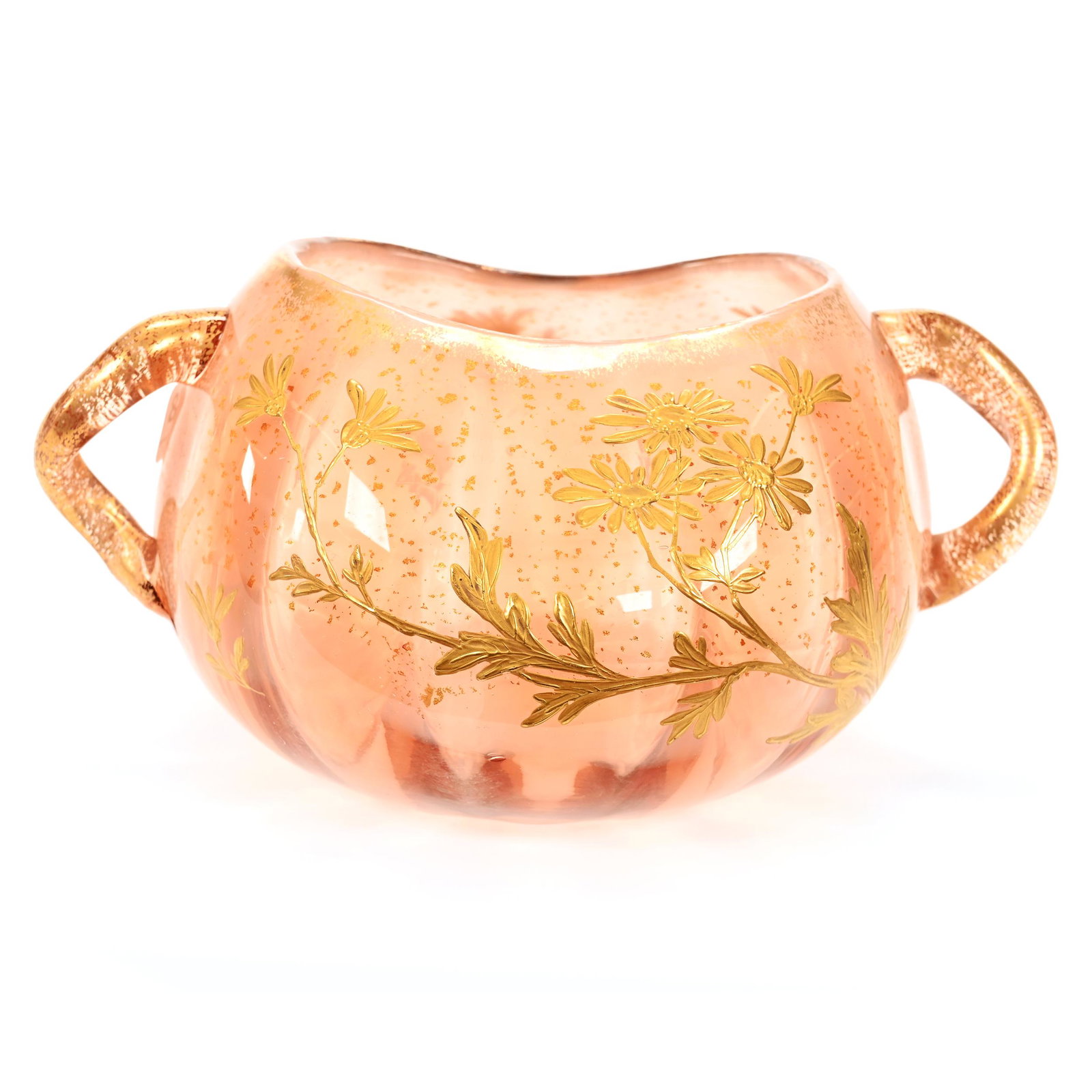 Vase, Pink Opalescent Bohemian Art Glass: Vase, Pink Opalescent Bohemian Art Glass, 4.25" x 8", Optic Rib Design, Gold Enamel Floral Decor, Nice Quality, Applied Handles, Don Henson Estate, Michigan. Part 2. This Auction Is The Continuation O