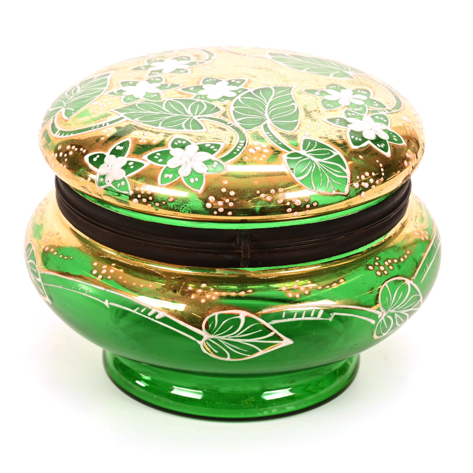 Jewel Box, Green Bohemian Art Glass: Jewel Box, Green Bohemian Art Glass, 3.75" x 5", Gold And White Enamel Floral Decor, Don Henson Estate, Michigan. Part 2. This Auction Is The Continuation Of The Dispersal Of A Collection Of Over 1,80