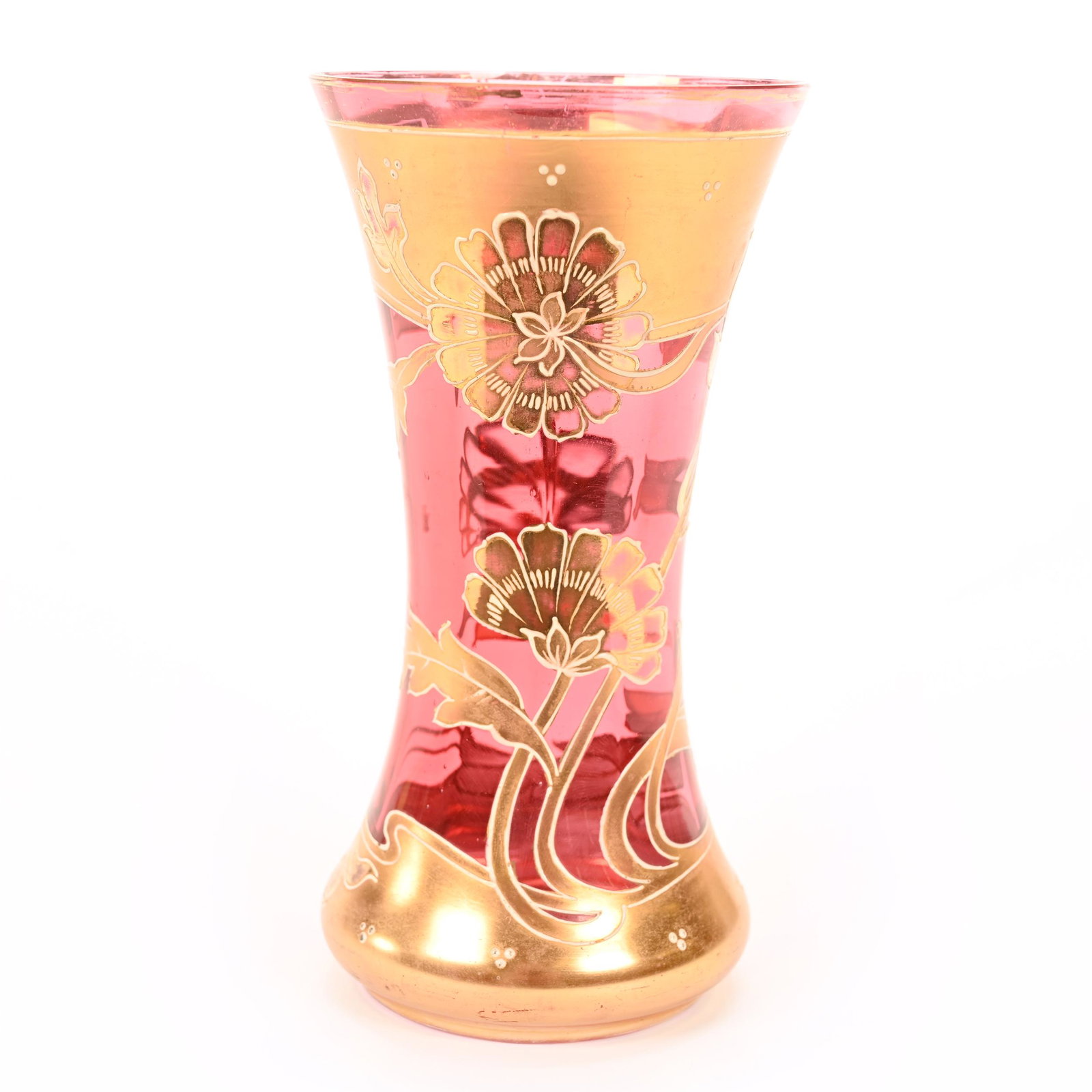 Vase, Cranberry Bohemian Art Glass: Vase, Cranberry Bohemian Art Glass, 6.25" x 3.25", Heavy Gold Floral Decor, Don Henson Estate, Michigan. Part 2. This Auction Is The Continuation Of The Dispersal Of A Collection Of Over 1,800 Items S