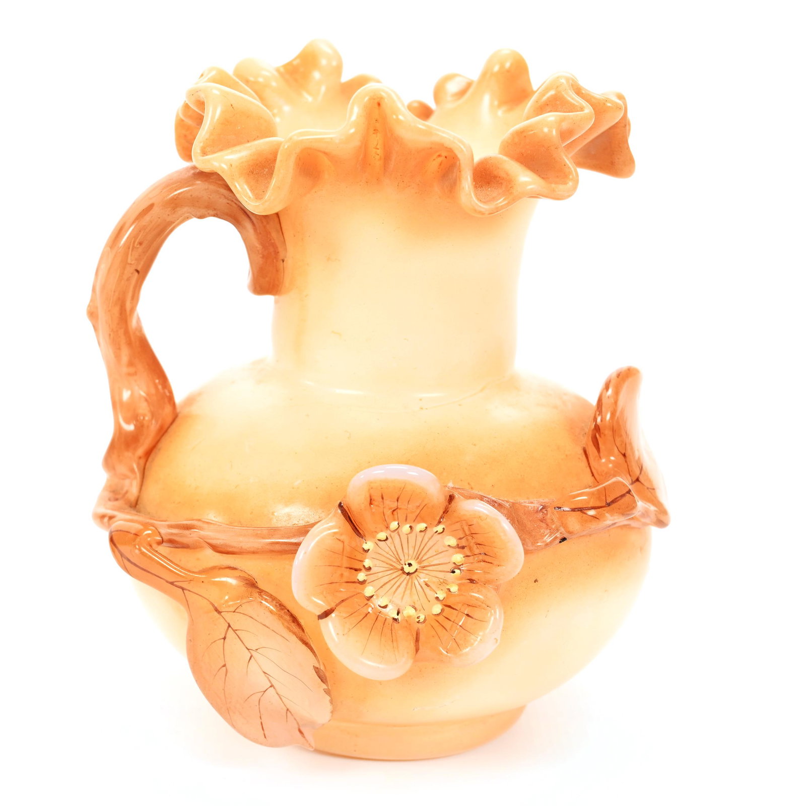 Vase, White Opaline Art Glass: Vase, White Opaline Art Glass, 7.25" x 3.75", Ivory Tinting, Applied Handle, Branch And Blossom Decor, Polished Pontil Base, Unknown Maker, Don Henson Estate, Michigan. Part 2. This Auction Is The Con