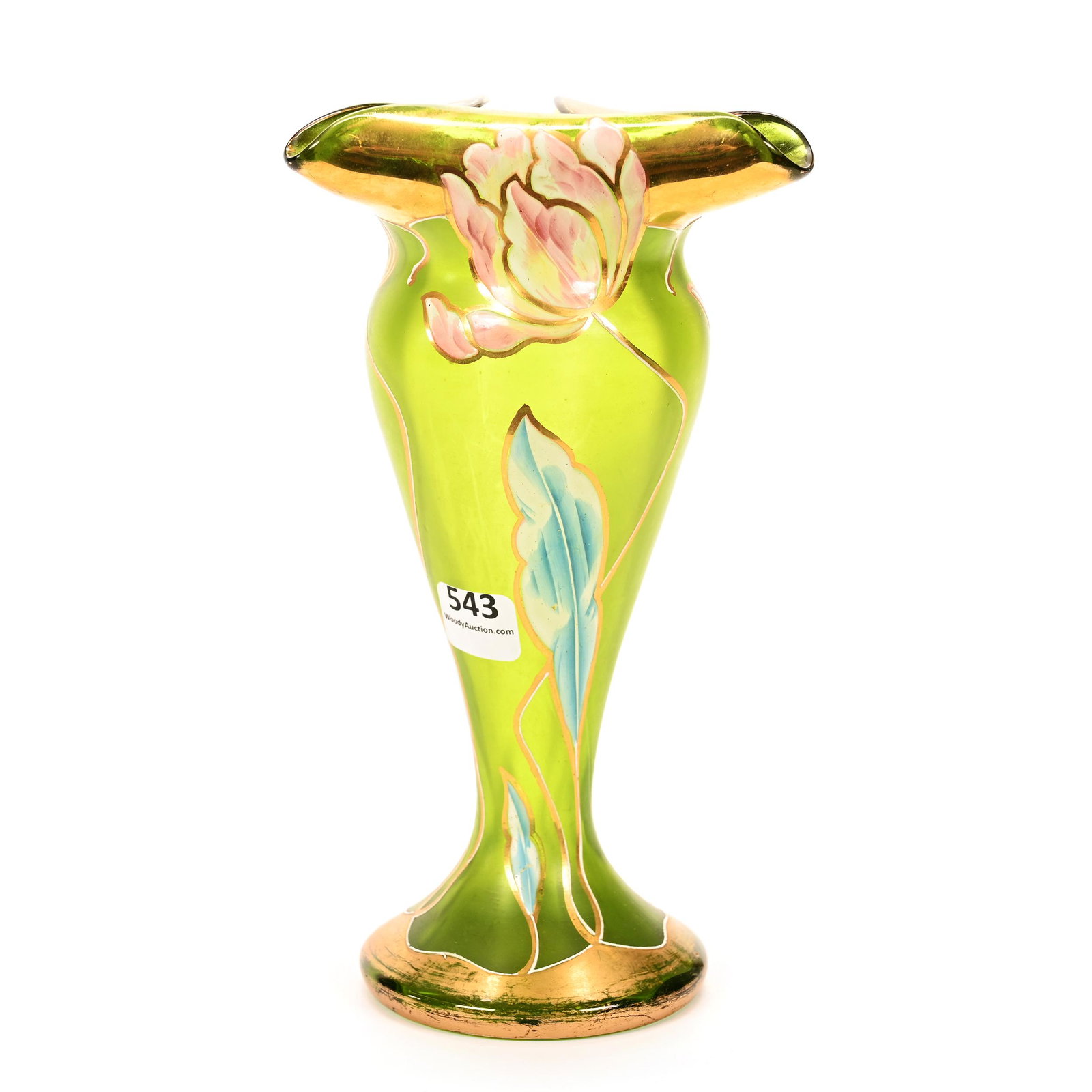 Vase, Green Bohemian Art Glass: Vase, Green Bohemian Art Glass, 8.5" x 4.5", Enamel Tulip Decor, Gold Trim Highlights, Tri-Corner Rolled Rim Top, Don Henson Estate, Michigan. Part 2. This Auction Is The Continuation Of The Dispersal
