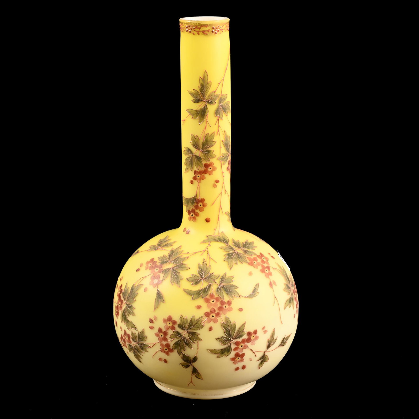 Vase, White Opaline With Yellow Ground: Vase, White Opaline With Yellow Ground, 12.5" x 5.75", Colorful Floral Decor, Don Henson Estate, Michigan. Part 2. This Auction Is The Continuation Of The Dispersal Of A Collection Of Over 1,800 Items