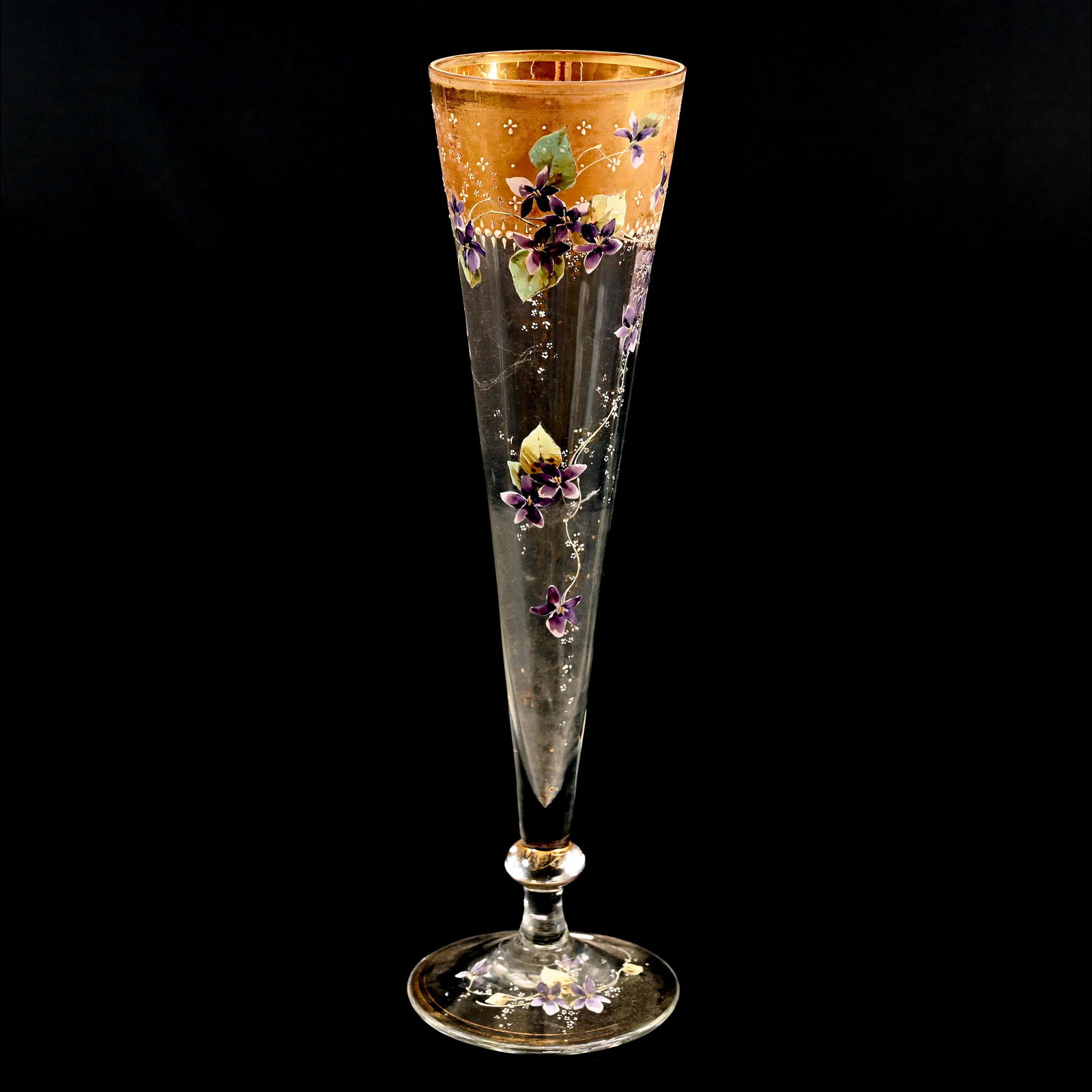 Trumpet Vase, Clear Bohemian Art Glass: Trumpet Vase, Clear Bohemian Art Glass, 14.25" X 4.25", Heavy Enamel Violet Decor, Gold Band Border, Don Henson Estate, Michigan. Part 2. This Auction Is The Continuation Of The Dispersal Of A Collect