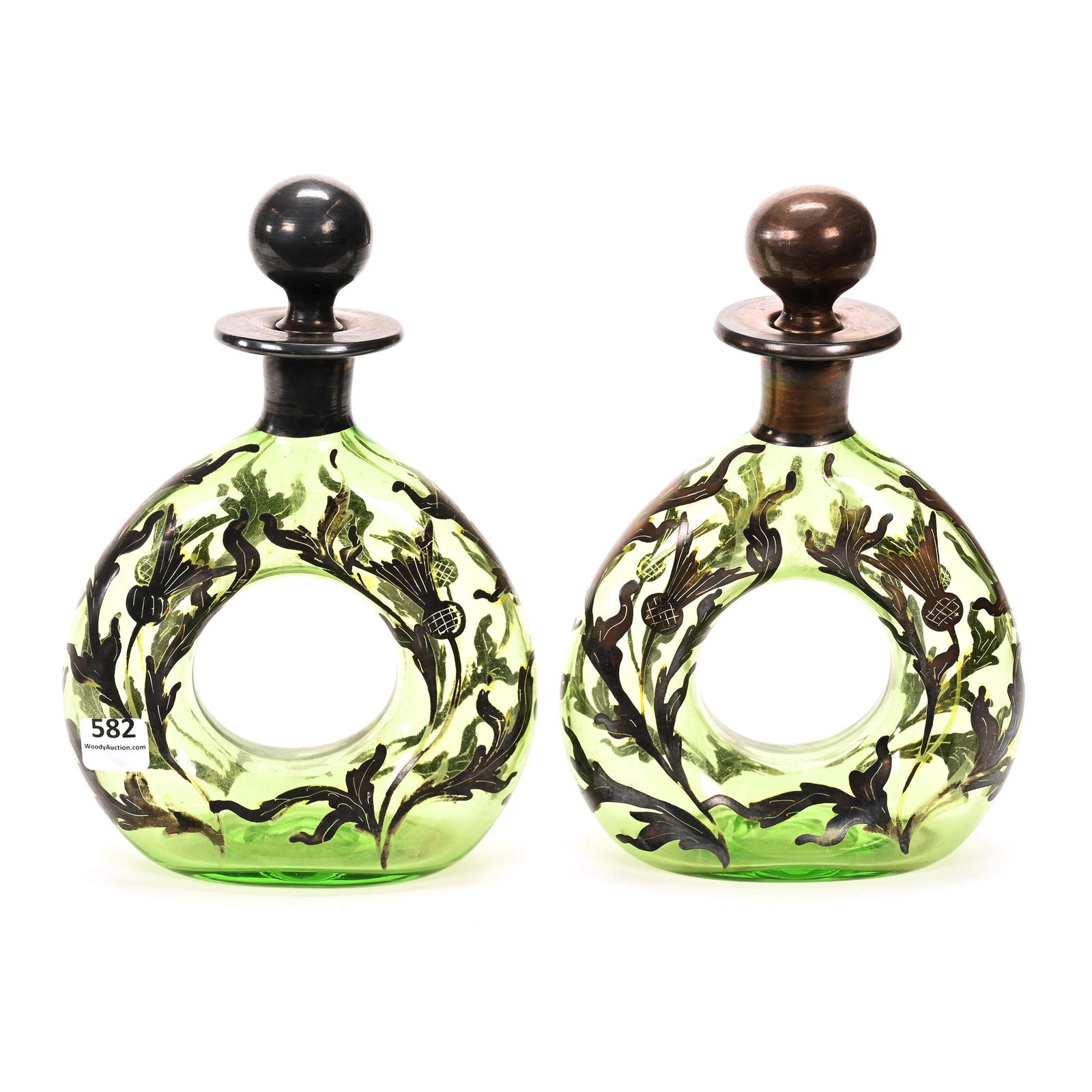 Pair Donut Decanters, Green Bohemian Art Glass (1 of 3)