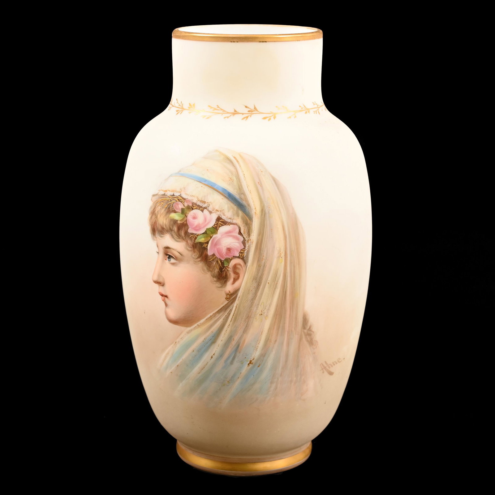 Vase, White Opaline Bohemian Art Glass: Vase, White Opaline Bohemian Art Glass, 10.5" x 5.5", Portrait Of Bride, Artist Marked Ahne, Don Henson Estate, Michigan. Part 2. This Auction Is The Continuation Of The Dispersal Of A Collection Of O