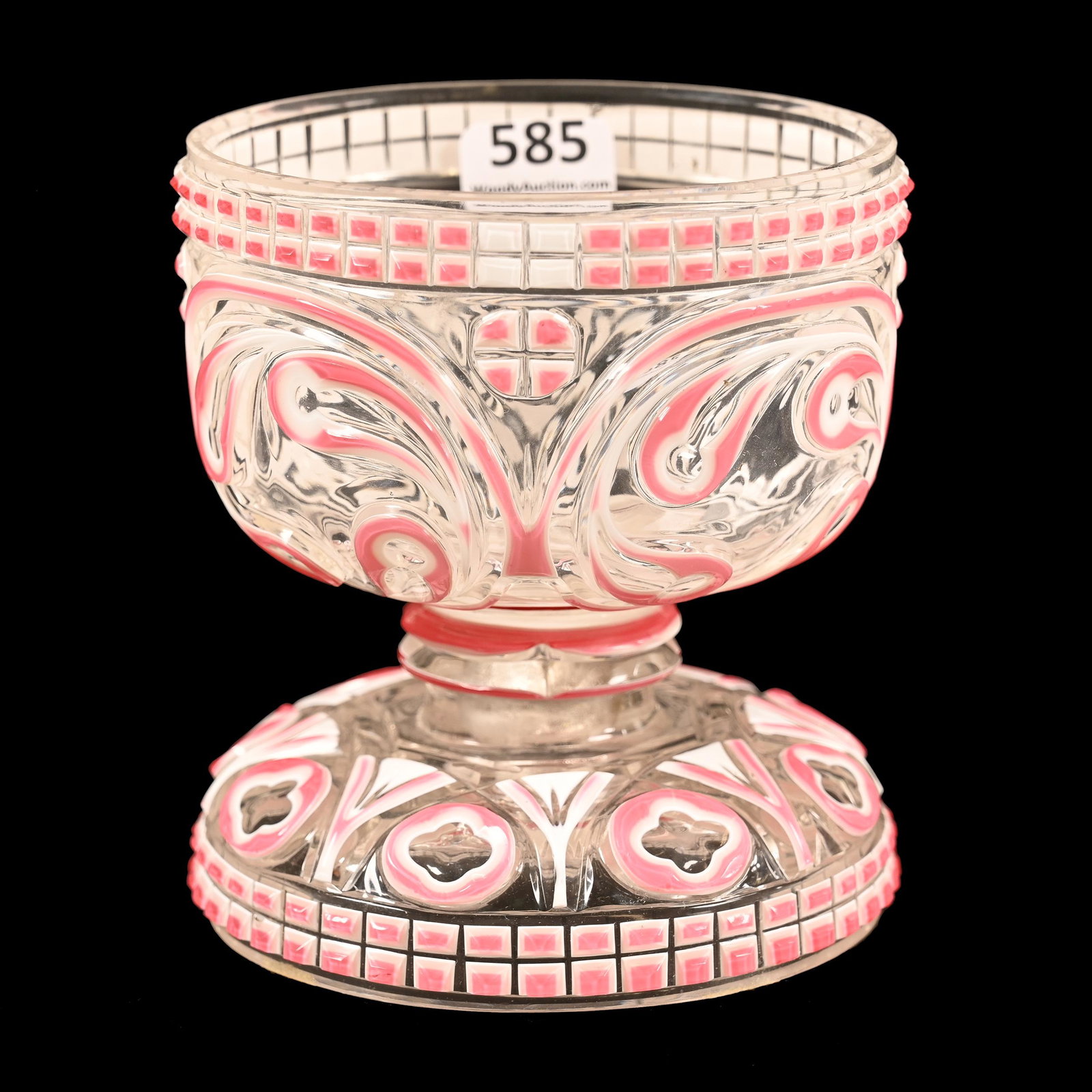 Pedestal Bowl, Clear Bohemian Art Glass: Pedestal Bowl, Clear Bohemian Art Glass, 4.25" x 4", Pink And White Cutback Overlay, Elaborate Design, Nice Quality, Don Henson Estate, Michigan. Part 2. This Auction Is The Continuation Of The Disper