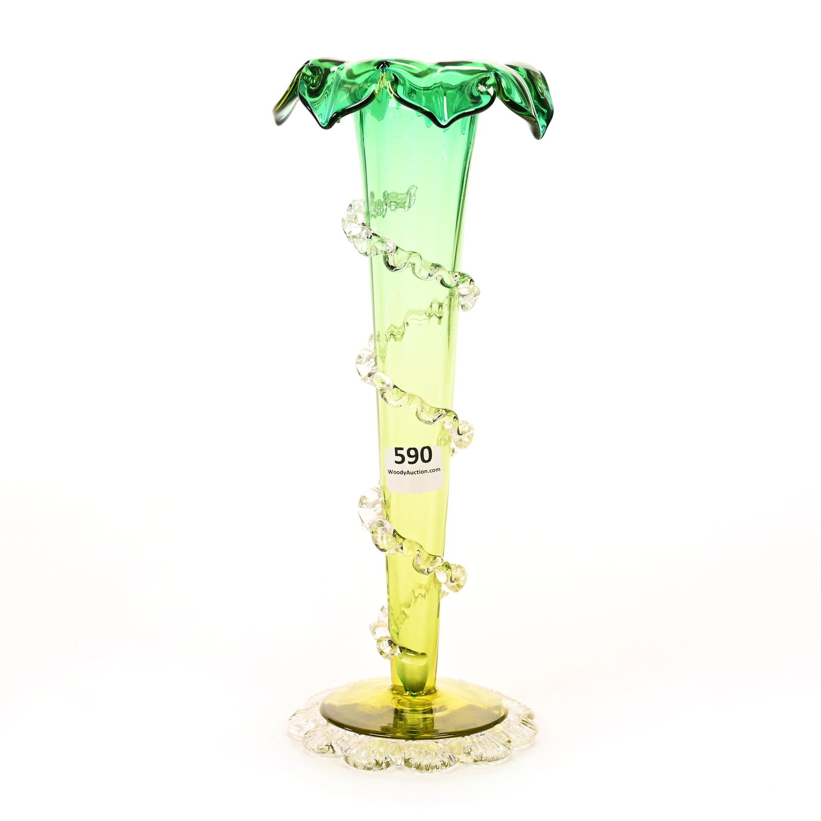 Trumpet Vase, Green To Olive Bohemian Art Glass: Trumpet Vase, Green To Olive Bohemian Art Glass, 10" x 3.75", Optic Rib Design, Flower Form Rim, Clear Applied Rigoree Swirl And Foot, Don Henson Estate, Michigan. Part 2. This Auction Is The Continua
