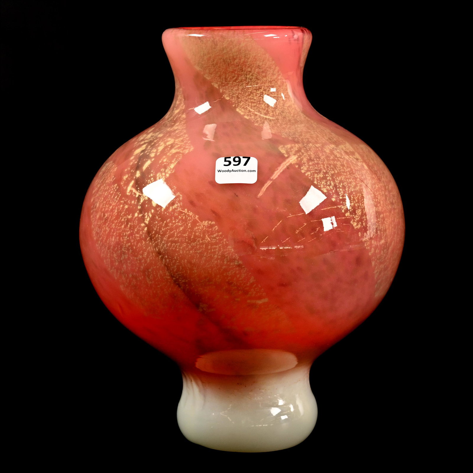 Vase, Pink & White Cased Opal Art Glass: Vase, Pink & White Cased Opal Art Glass, 9.5" x 7", Gold Mica Highlights, Unidentified Maker, Nice Quality, Polished Pontil Base, Don Henson Estate, Michigan. Part 2. This Auction Is The Continuation 