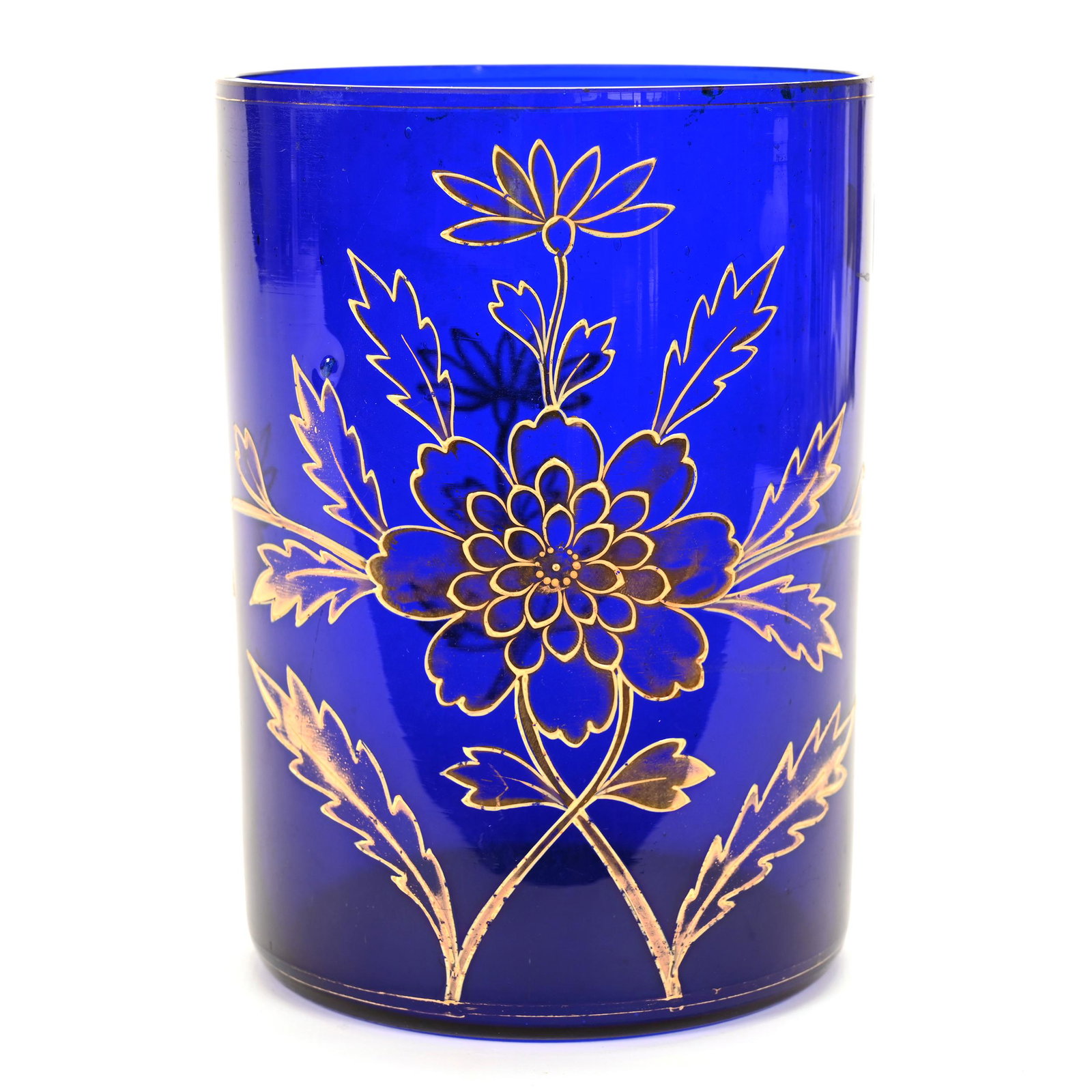 Cylinder Vase, Cobalt Blue Bohemian Art Glass: Cylinder Vase, Cobalt Blue Bohemian Art Glass, 7.25" x 5.25", Gold Enamel Floral Decor, Don Henson Estate, Michigan. Part 2. This Auction Is The Continuation Of The Dispersal Of A Collection Of Over 1