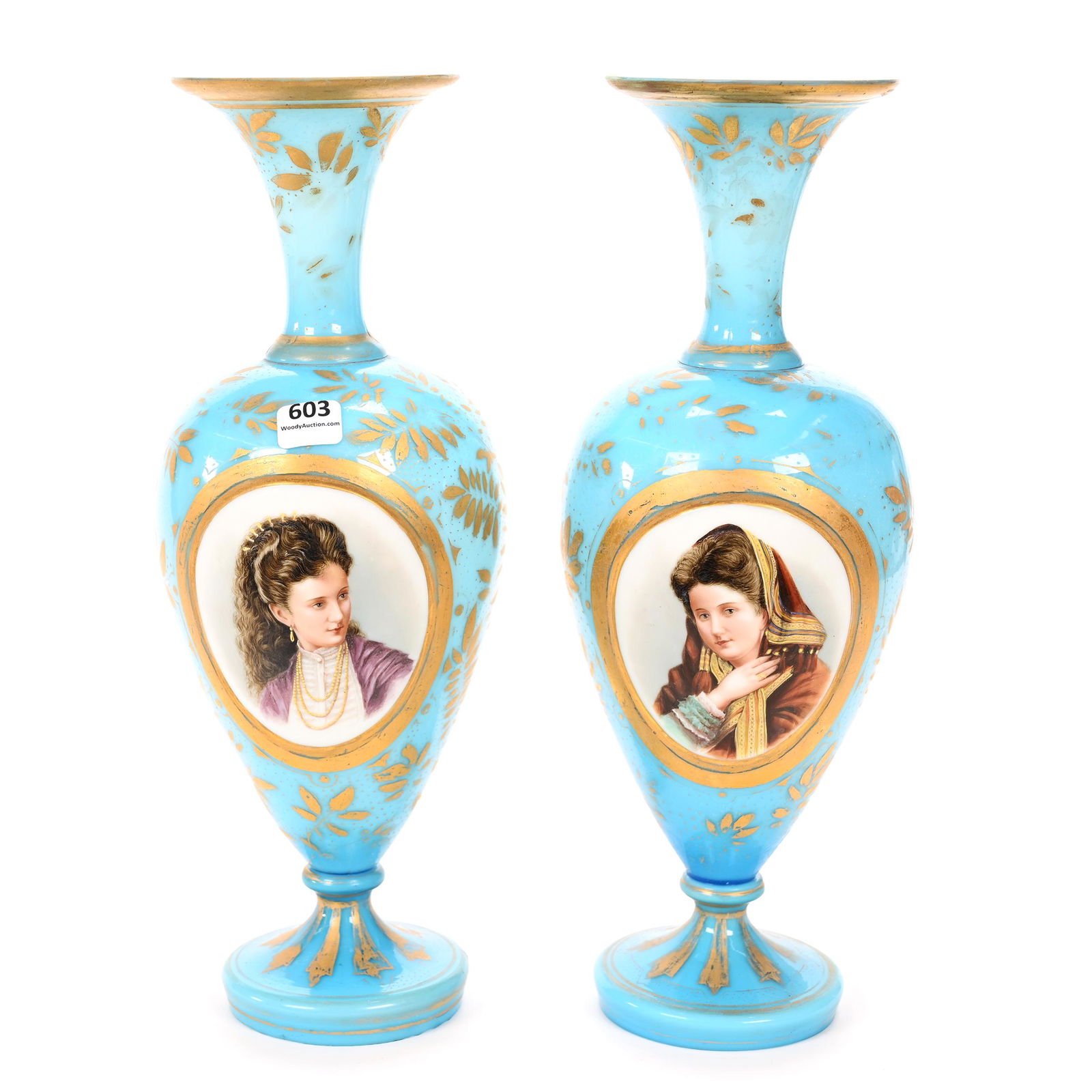Pair Pedestal Vases, Cased Blue Art Glass (1 of 3)