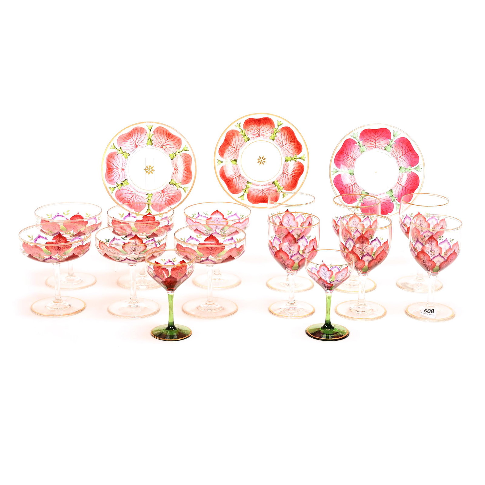 Set Of Bohemian Art Glass Stems & Plates: Set Of Bohemian Art Glass Stems & Plates, Clear With Colorful Translucent Leaf Design, (3) 5.5" Plates, (6) 5.25" Wine Stems, (6) 4.25" Champagne Stems, (2) 4" Cordial Stems With Green Foot, Don Henso