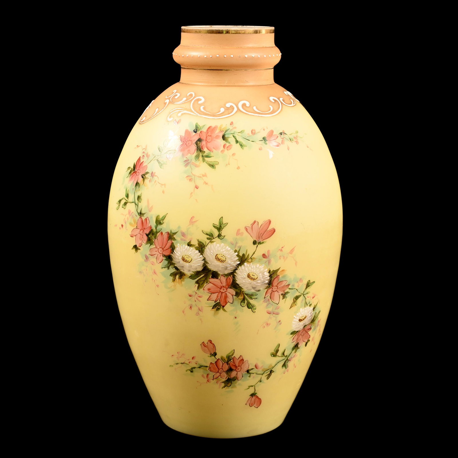 Vase, White Opaline With Yellow Ground: Vase, White Opaline With Yellow Ground, 11.25" X 6", Colorful Floral Decor, Don Henson Estate, Michigan. Part 2. This Auction Is The Continuation Of The Dispersal Of A Collection Of Over 1,800 Items S