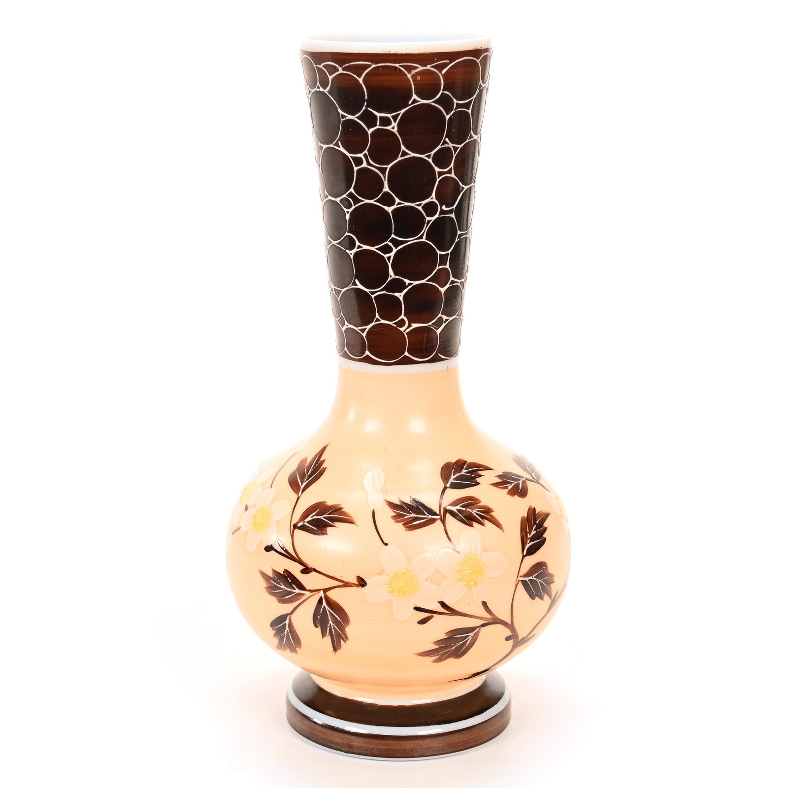 Vase, White Opaline Art Glass: Vase, White Opaline Art Glass, 10.75" x 5", Cream And Brown Tones With Enamel Floral Decor, Don Henson Estate, Michigan. Part 2. This Auction Is The Continuation Of The Dispersal Of A Collection Of Ov