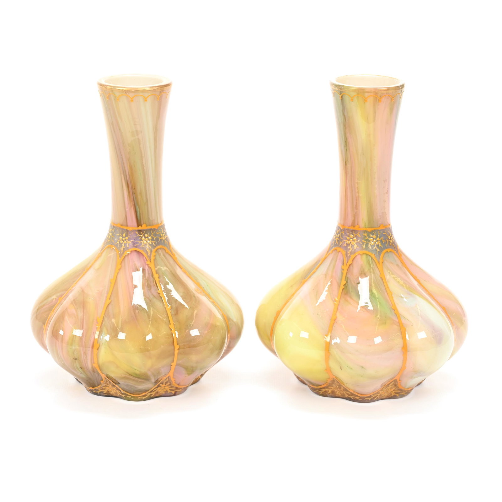 Pair Vases, Pastel Onyx Pattern: Pair Vases, Pastel Onyx Pattern, 8.5" x 5.5", Attributed To Loetz Art Glass, Melon Rib Design, Enamel Highlights, Don Henson Estate, Michigan. Part 2. This Auction Is The Continuation Of The Dispersal