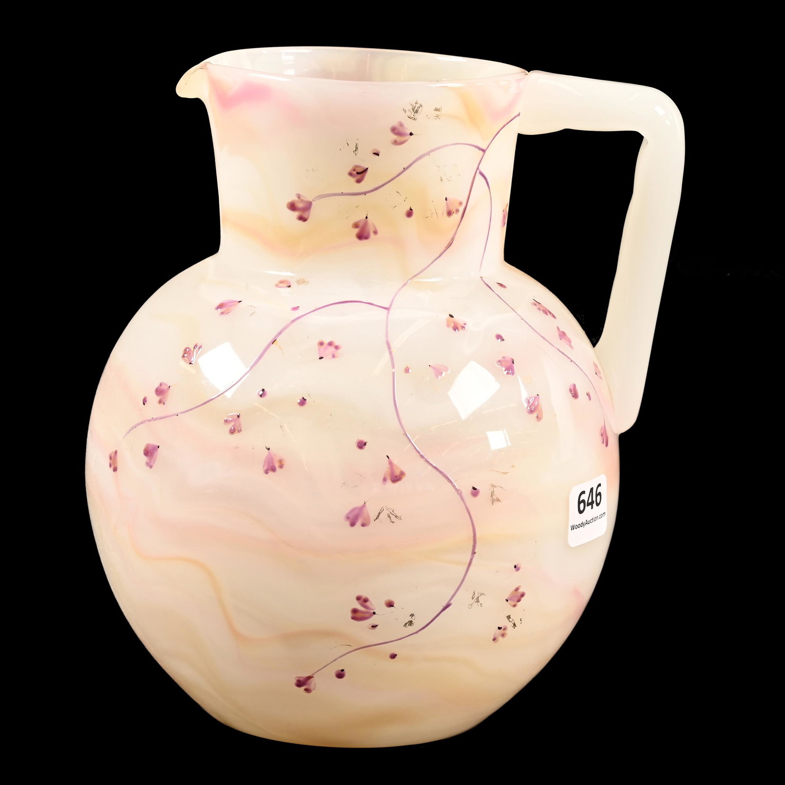 Water Pitcher, Bohemian Art Glass: Water Pitcher, Bohemian Art Glass, 7.5" x 6", Opaline With Pink And Yellow Pastel Swirl Highlights, Enamel Floral Decor, Polished Pontil Base, Don Henson Estate, Michigan. Part 2. This Auction Is The