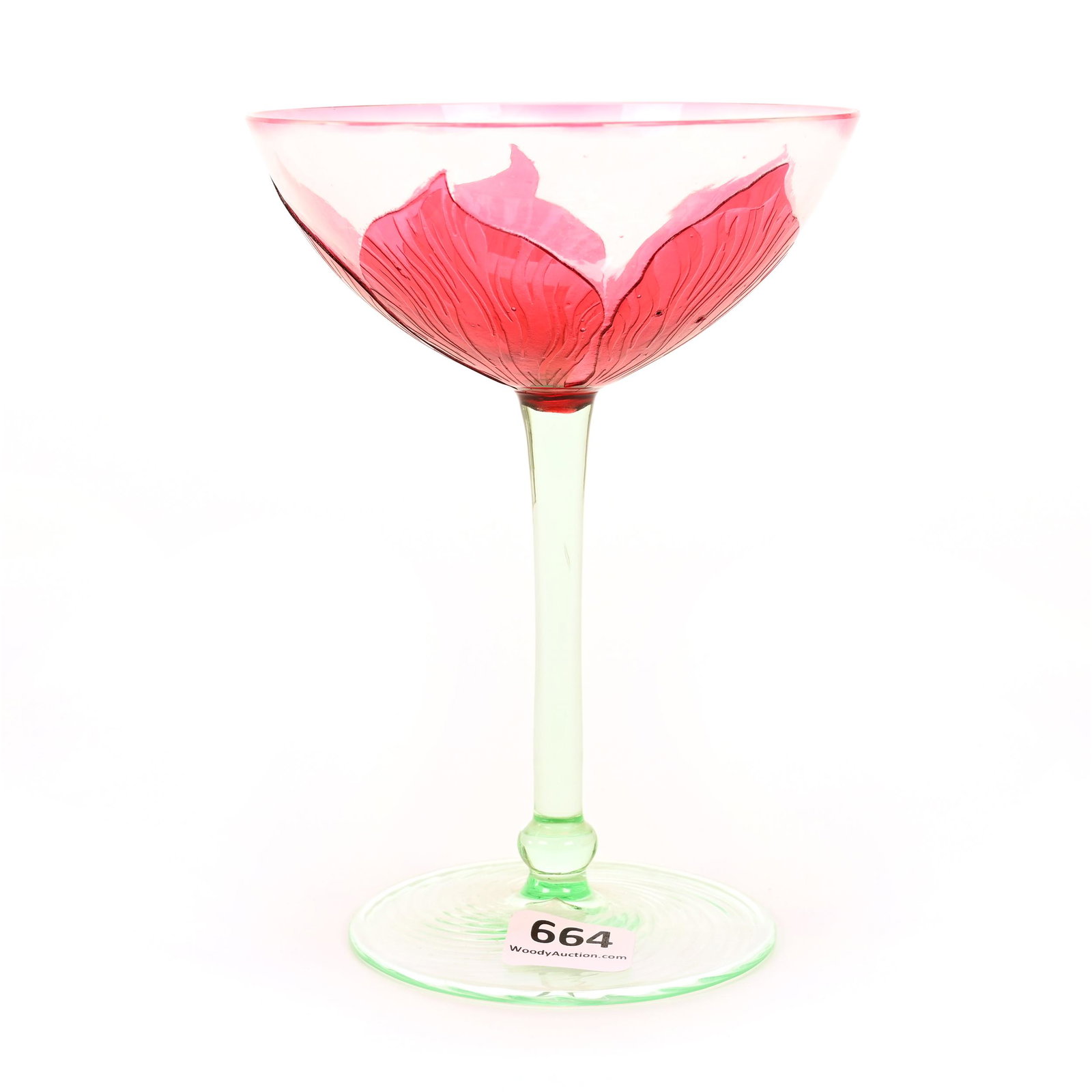 Champagne Stem, Unique Bohemian Art Glass: Champagne Stem, Unique Bohemian Art Glass, 5.75" x 4", Pink Cut To Clear Bowl With Leaf Design, Solid Green Stem And Foot, Nice Quality, Don Henson Estate, Michigan. Part 2. This Auction Is The Contin