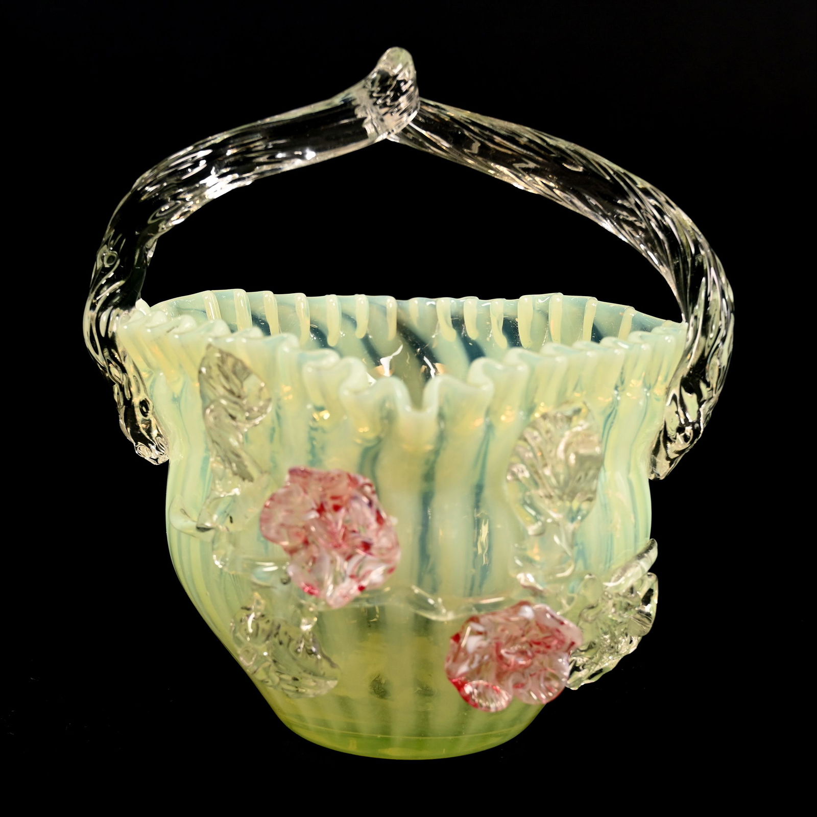 Basket, Vaseline Opalescent Stripe Art Glass (1 of 3)