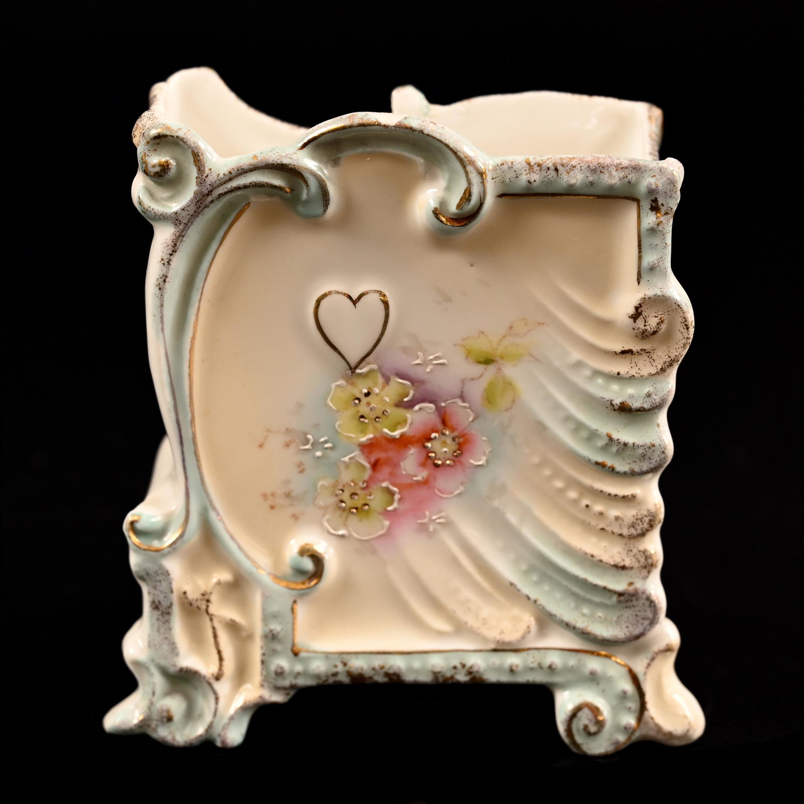 Playing Card Holder, Unmarked Prussia: Playing Card Holder, Unmarked Prussia, 3.75" x 3.5", Cream, Blue, And White Tones, Floral Decor, Embossed Card suits, Small Glaze Loss On Top & & Interior Edge, Michigan Private Collection.