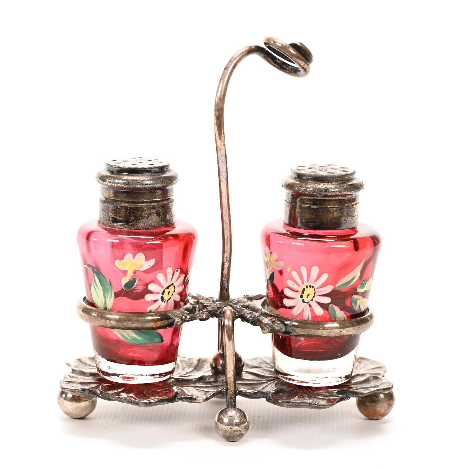 Condiment Set, Cased Cranberry Art Glass Inserts (1 of 4)