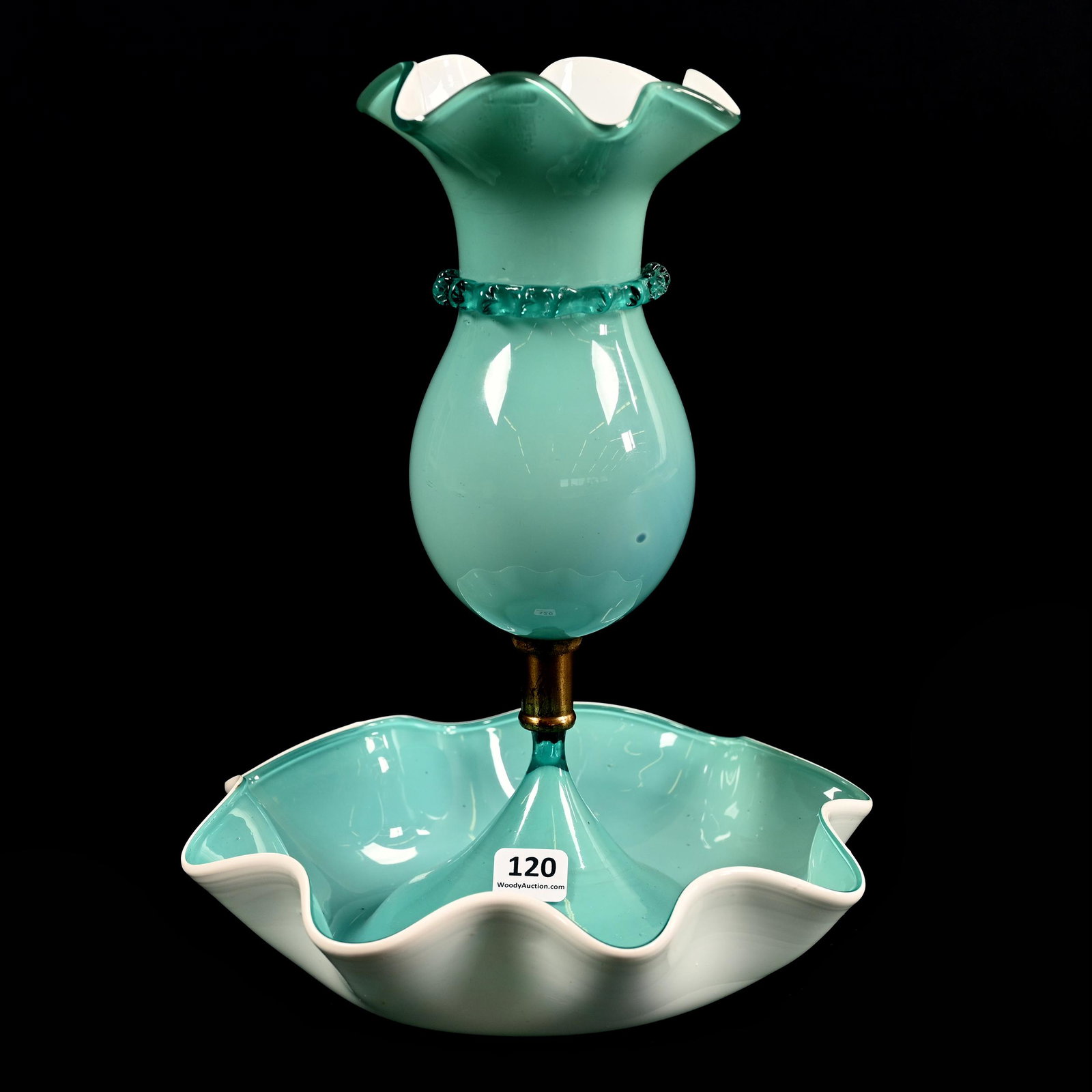 Epergne, Green Cased Art Glass Over White: Epergne, Green Cased Art Glass Over White, 11" x 8.75", Michigan Private Collection.