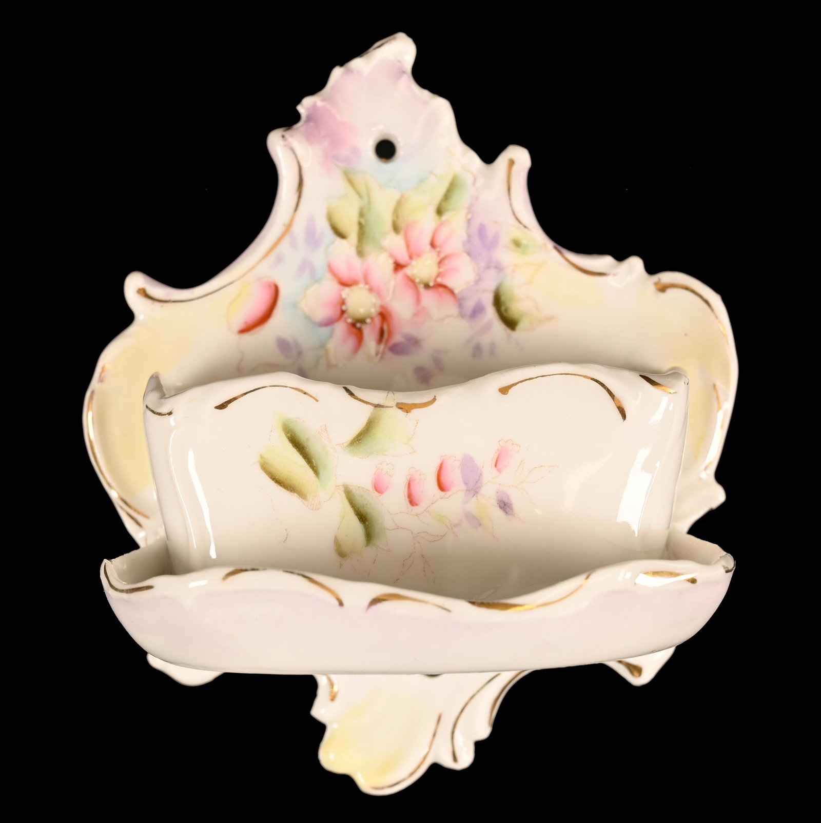 Wall Double Match Holder & Tray, Unmarked Prussia: Wall Double Match Holder & Tray, Unmarked Prussia, 4.75" x 4", White, Yellow, And Lavender Tones, Floral Decor, Striker Beneath Tray, Hard To See Interior Hairline In One Match Pocket, Michigan Privat