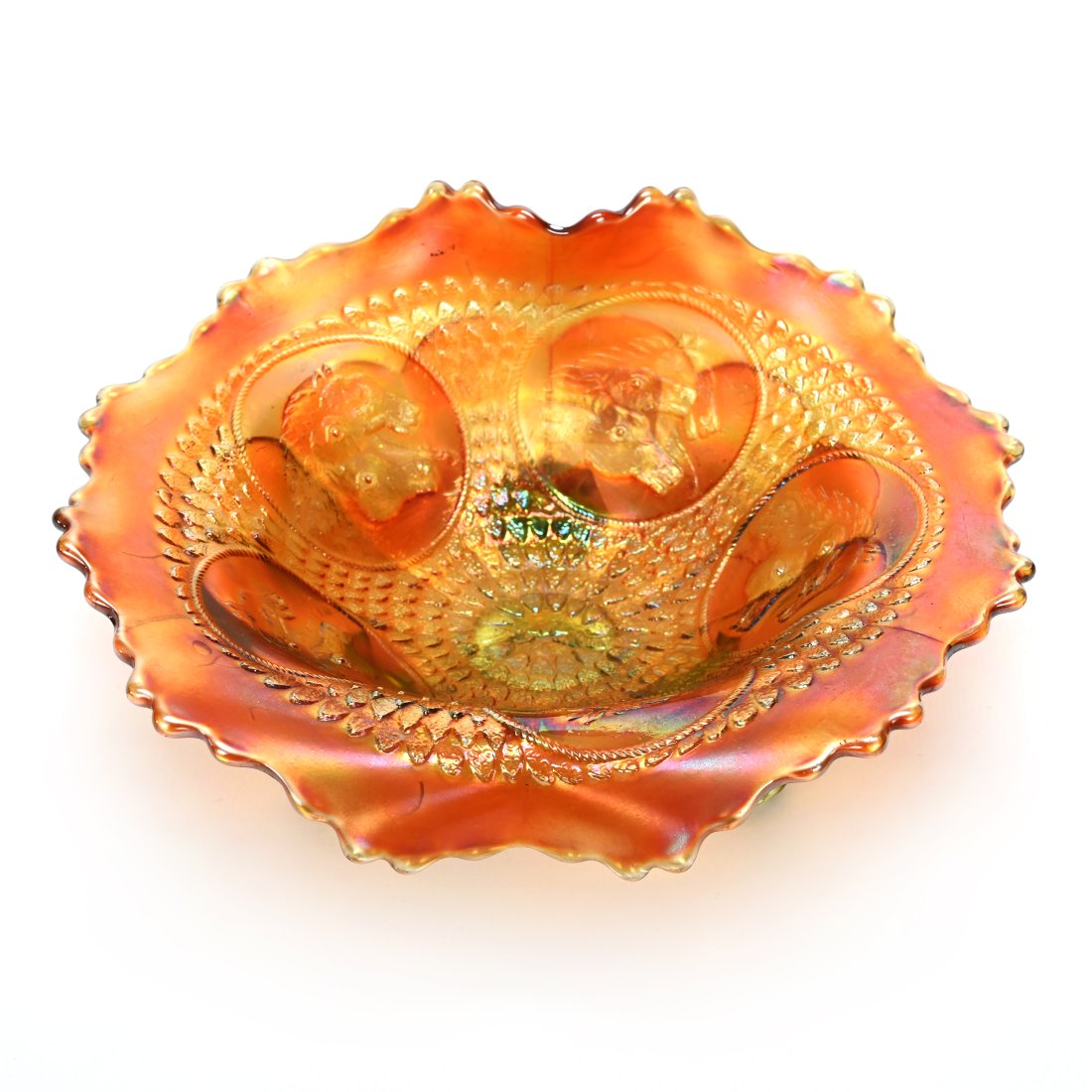 Bowl, Carnival Glass, Horse Medallion By Fenton: Bowl, Carnival Glass, Horse Medallion By Fenton, 7.5", Marigold/Vaseline, Jack in Pulpit Shape, Three Ball Feet, Rim Chip On Base, The David Risen Collection of Ohio