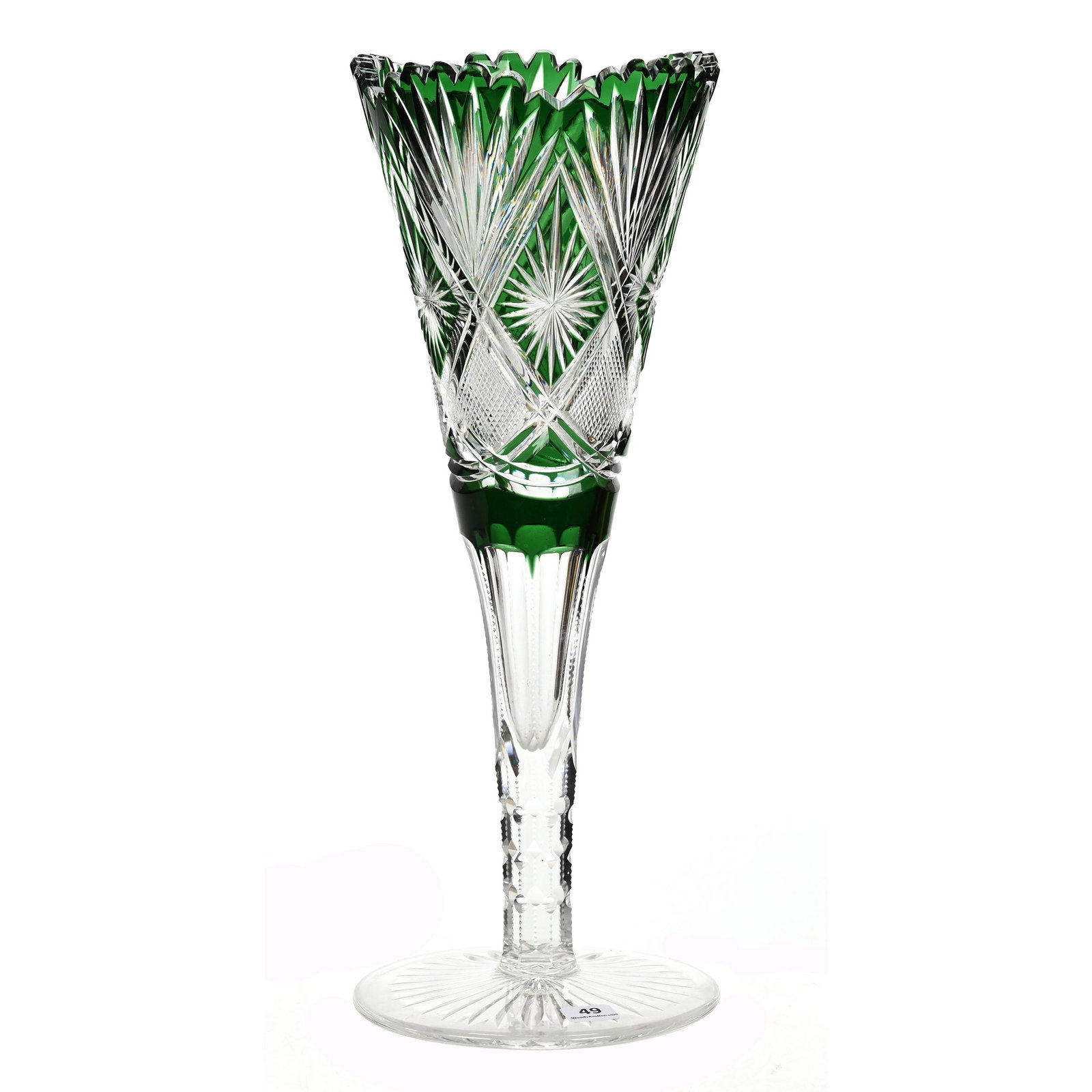 Trumpet Vase, BPCG, Green Cut To Clear: Trumpet Vase, BPCG, Green Cut To Clear, 16" x 6.25", Pattern #2982/17 By Val St. Lambert, Circa 1908, Tooth Chip, Dennis R. Lemon Collection.
