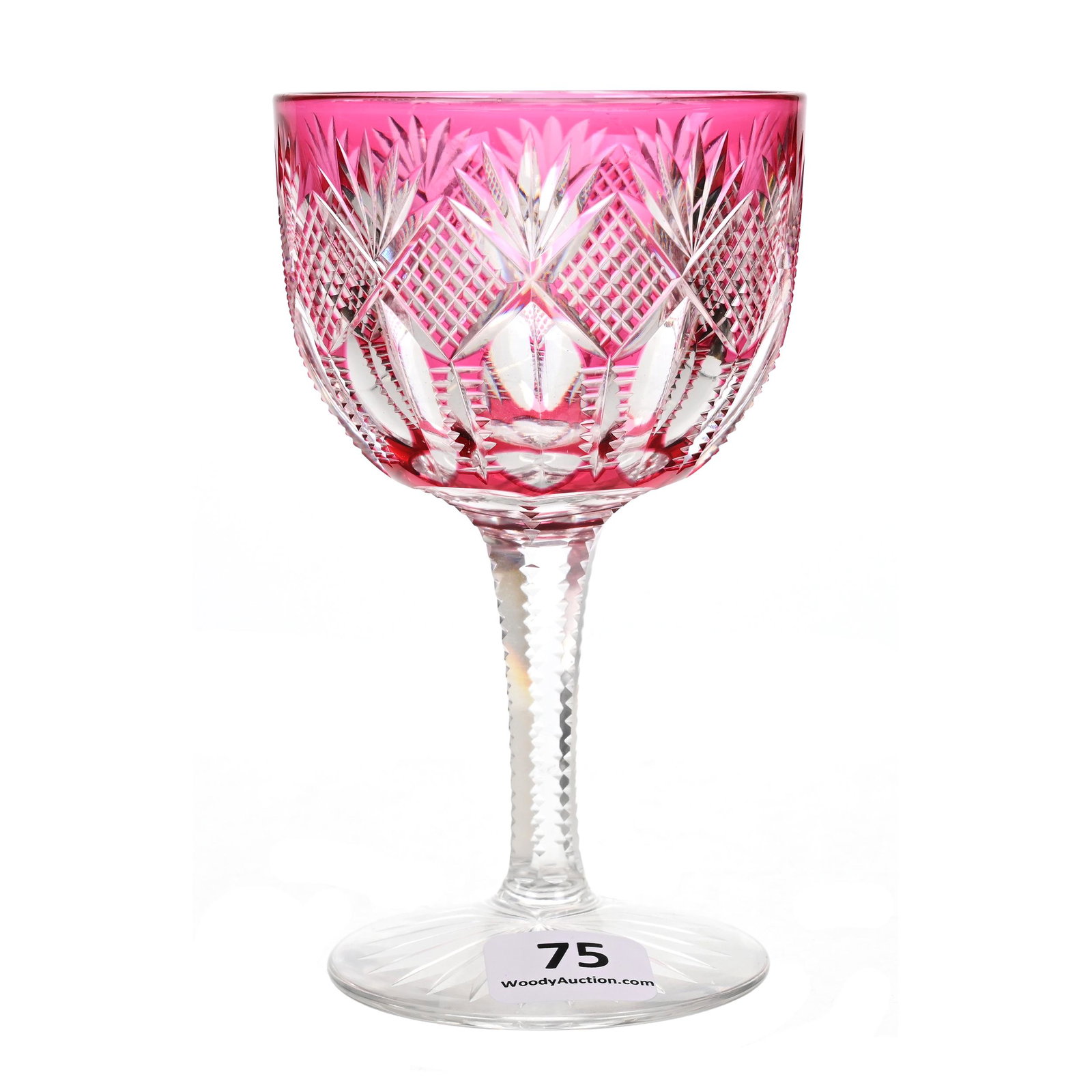 Wine Stem, ABCG, Prismatic Pattern By Straus: Wine Stem, ABCG, Prismatic Pattern By Straus, 4.75" x 2.75", Cranberry Cut To Clear, Solid Notched Stem, Ray Cut Foot, Dennis R. Lemon Collection.