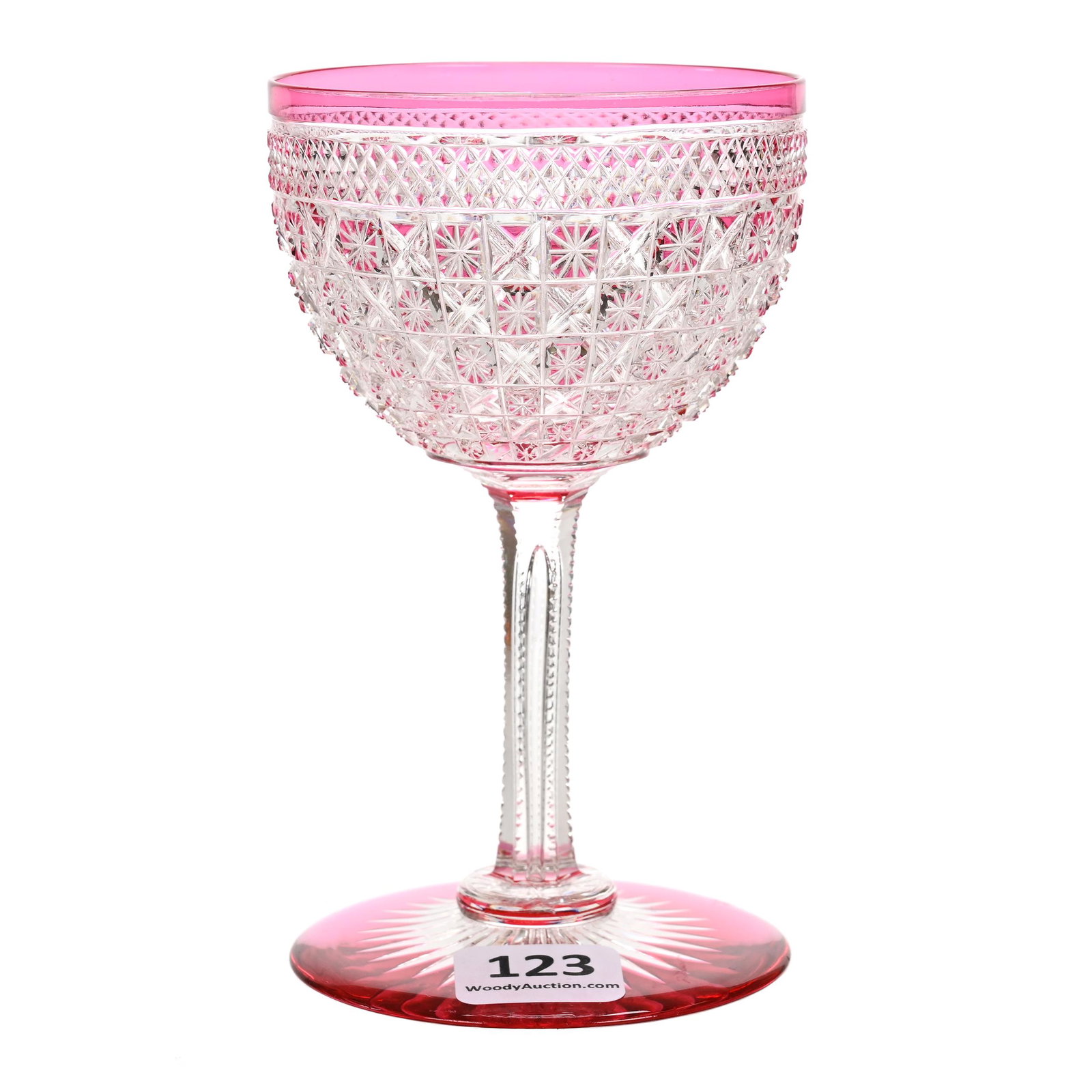 Wine Stem, ABCG, Cranberry Cut To Clear: Wine Stem, ABCG, Cranberry Cut To Clear, 4.75" x 2.75", Trellis Type Variation With Strawberry Diamond Band, Hollow Notched Stem, Colored Ray Cut Foot, Dennis R. Lemon Collection.
