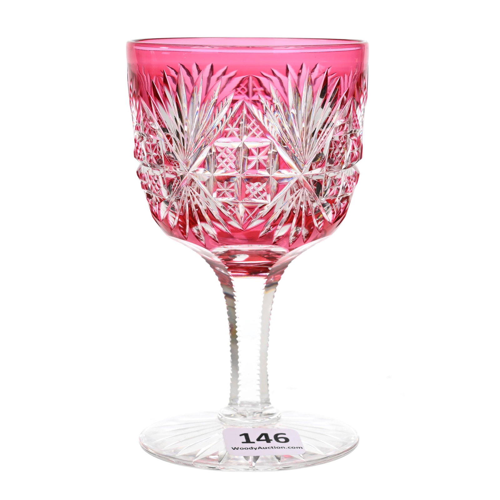 Wine Stem, ABCG, Cranberry Cut To Clear: Wine Stem, ABCG, Cranberry Cut To Clear, 4.75" x 2.75", Royal Pattern By Dorflinger, Solid Notched Stem, Ray Cut Foot, Dennis R. Lemon Collection.
