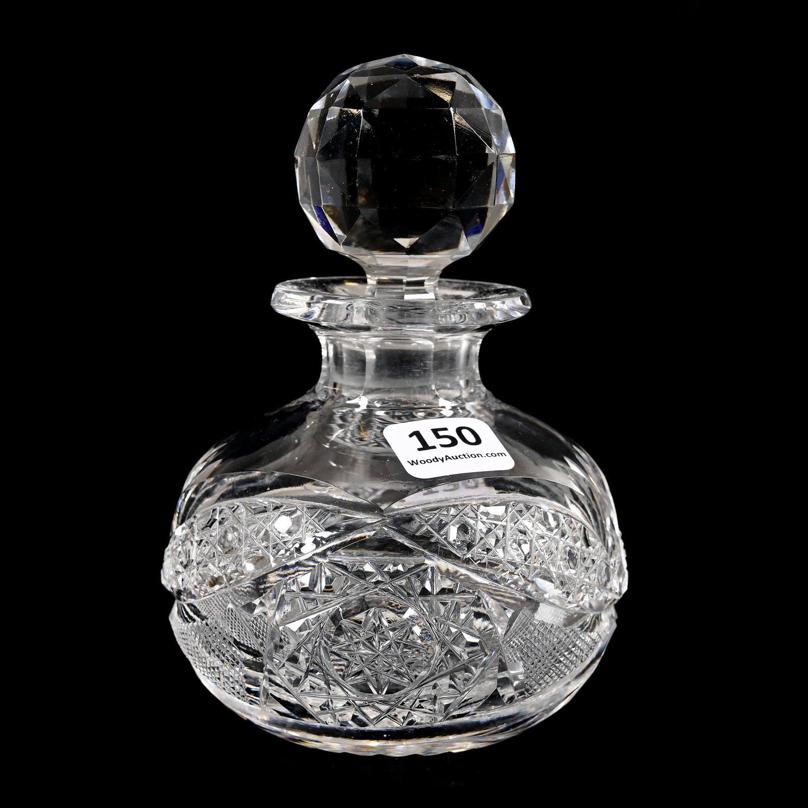 Cologne Bottle, American Brilliant Cut Glass: Cologne Bottle, American Brilliant Cut Glass, 5.5" x 3.5", Hobstar, Vesica, Cane, Strawberry Diamond And Fan Motif, Ray Cut Base, Dennis R. Lemon Collection.