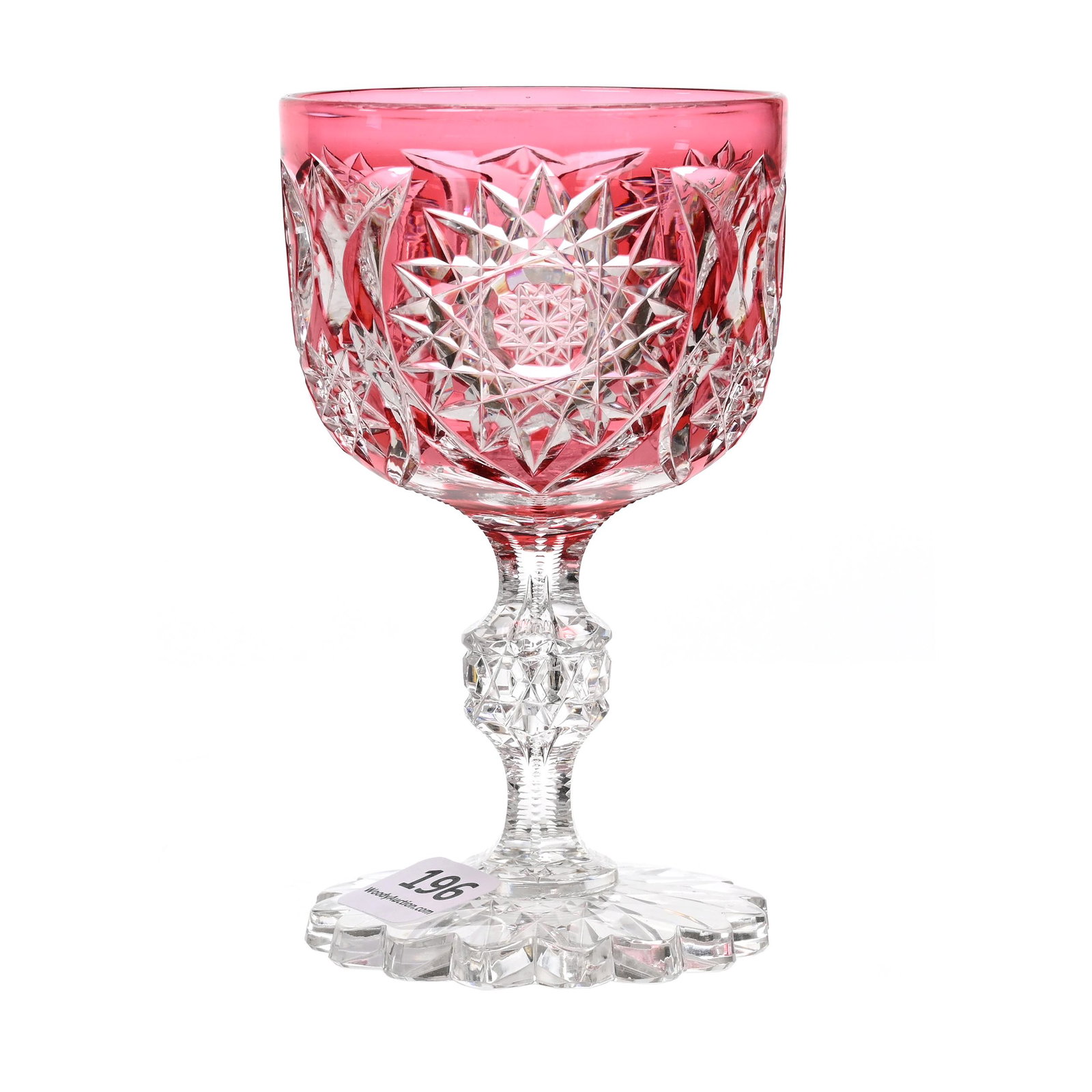 Wine Stem, ABCG, Cranberry Cut To Clear: Wine Stem, ABCG, Cranberry Cut To Clear, 4.75" x 2.75", Holland Pattern By Dorflinger, Scalloped Hobstar Foot, Teardrop Pattern Cut Stem, Dennis R. Lemon Collection.