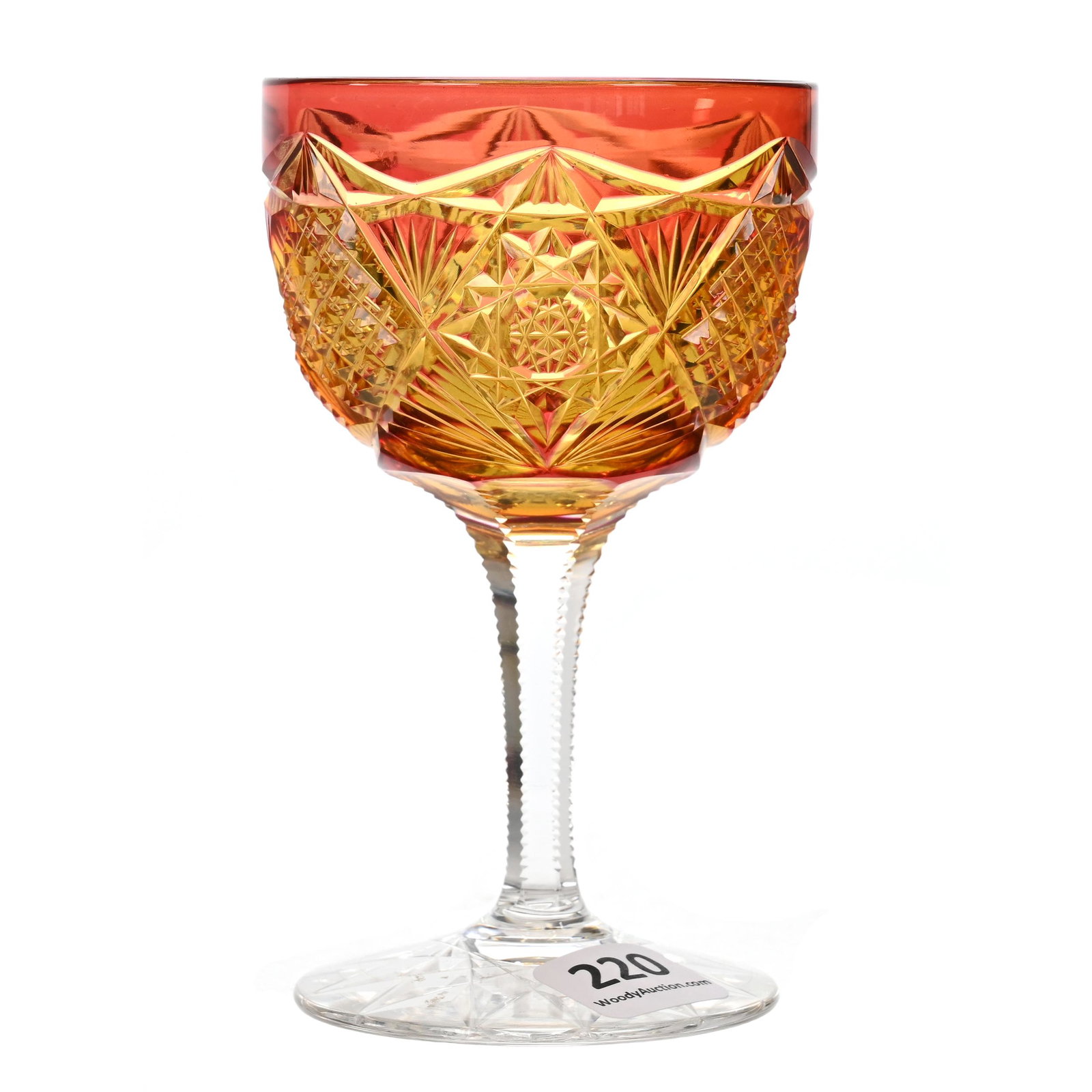 Wine Stem, ABCG, Cranberry Cut To Gold: Wine Stem, ABCG, Cranberry Cut To Gold, 4.75" x 2.75", Duchesse Pattern By Straus, Hobstar Foot, Dennis R. Lemon Collection.