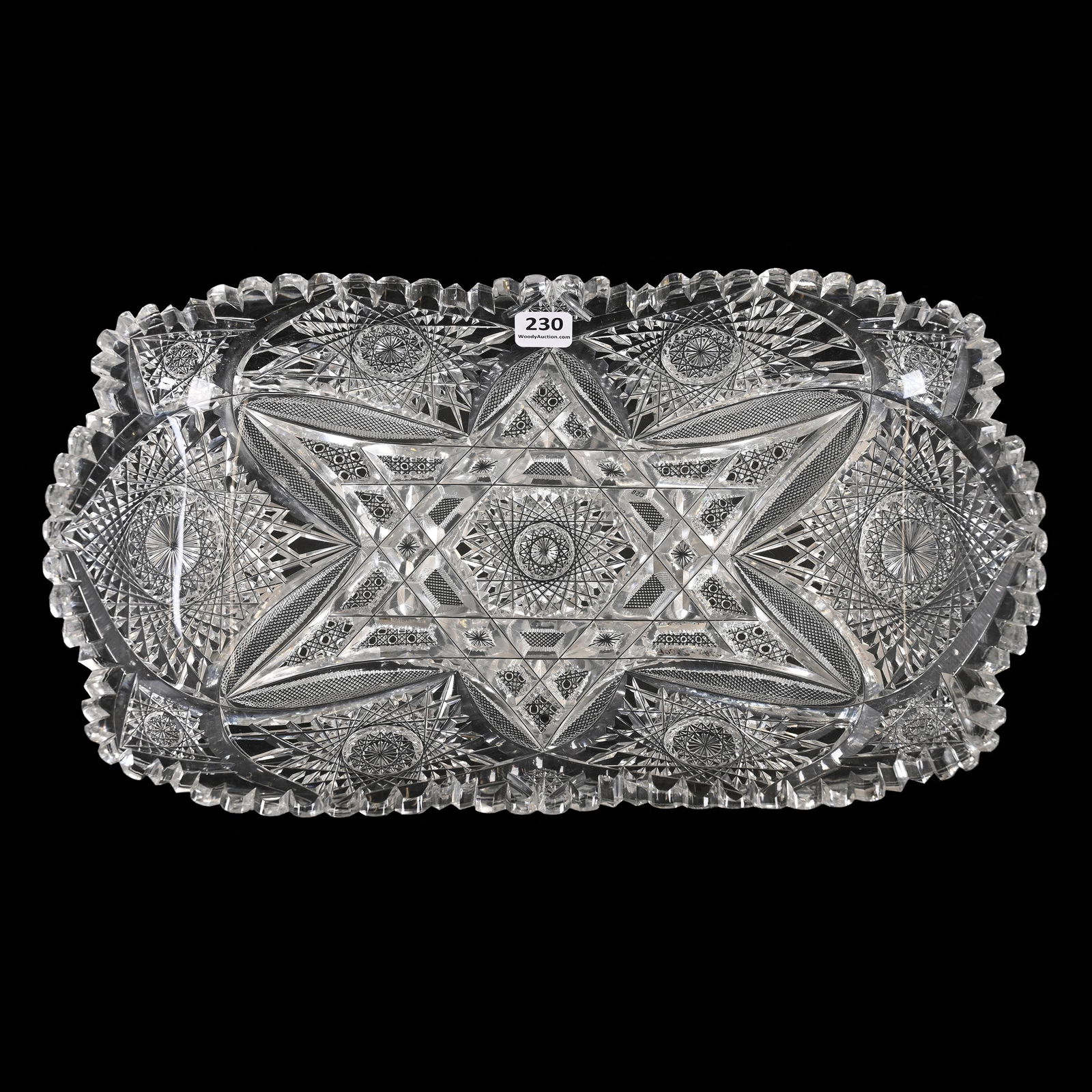 Rectangular Tray, ABCG, Signed Hawkes: Rectangular Tray, ABCG, Signed Hawkes, 2.5" x 14.5" x 8", Hobstar, Vesica, Strawberry Diamond, Cane And Star Motif, One Tooth With Inside Rim Chip, Pennsylvania Private Collection.