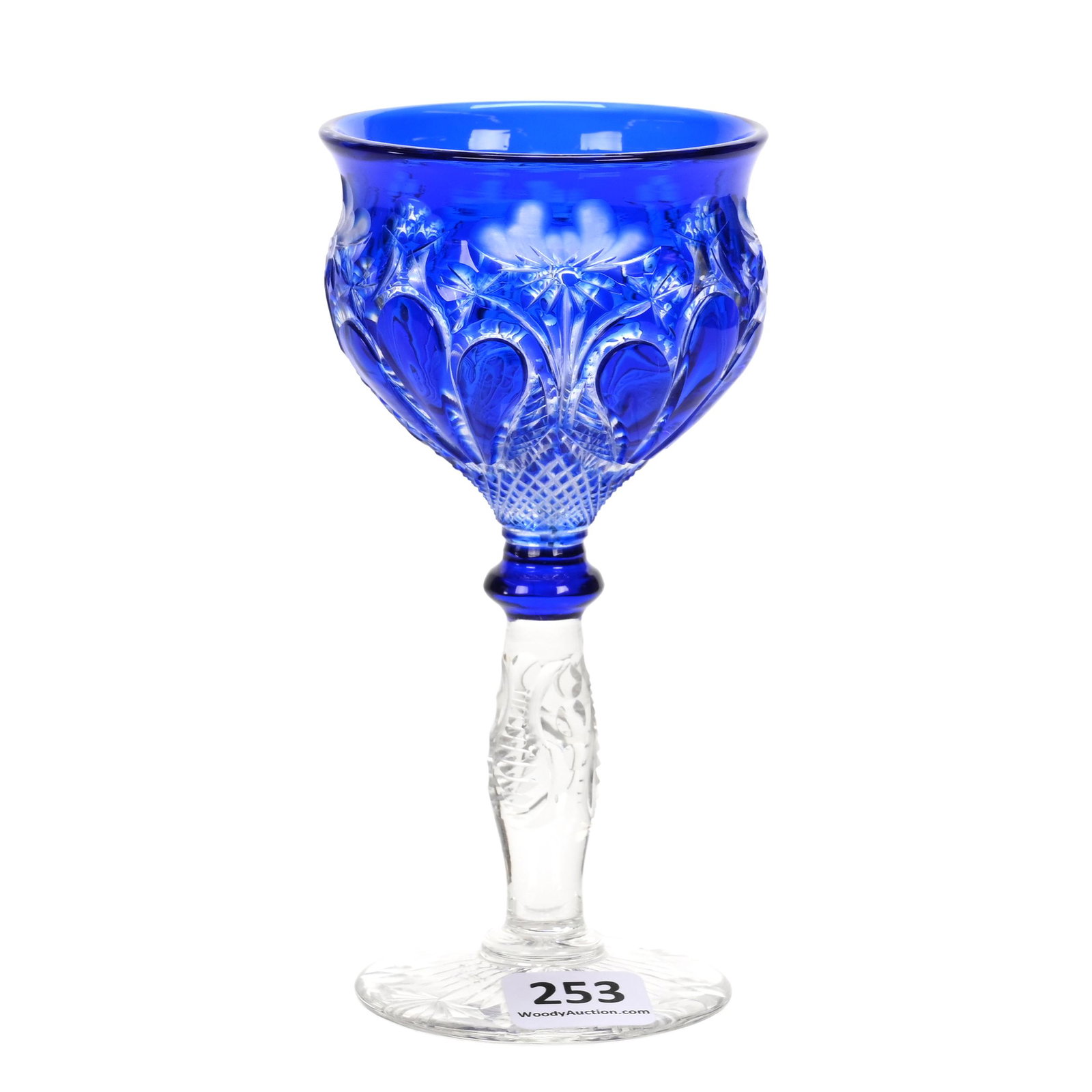 Wine Stem, BPCG, Blue Cut To Clear: Wine Stem, BPCG, Blue Cut To Clear, 5.25" x 2.75", Rococo And Engraved Floral Design, Pattern Cut And Engraved Stem And Foot, Attributed To Stevens And Williams, Connecticut Private Collection.