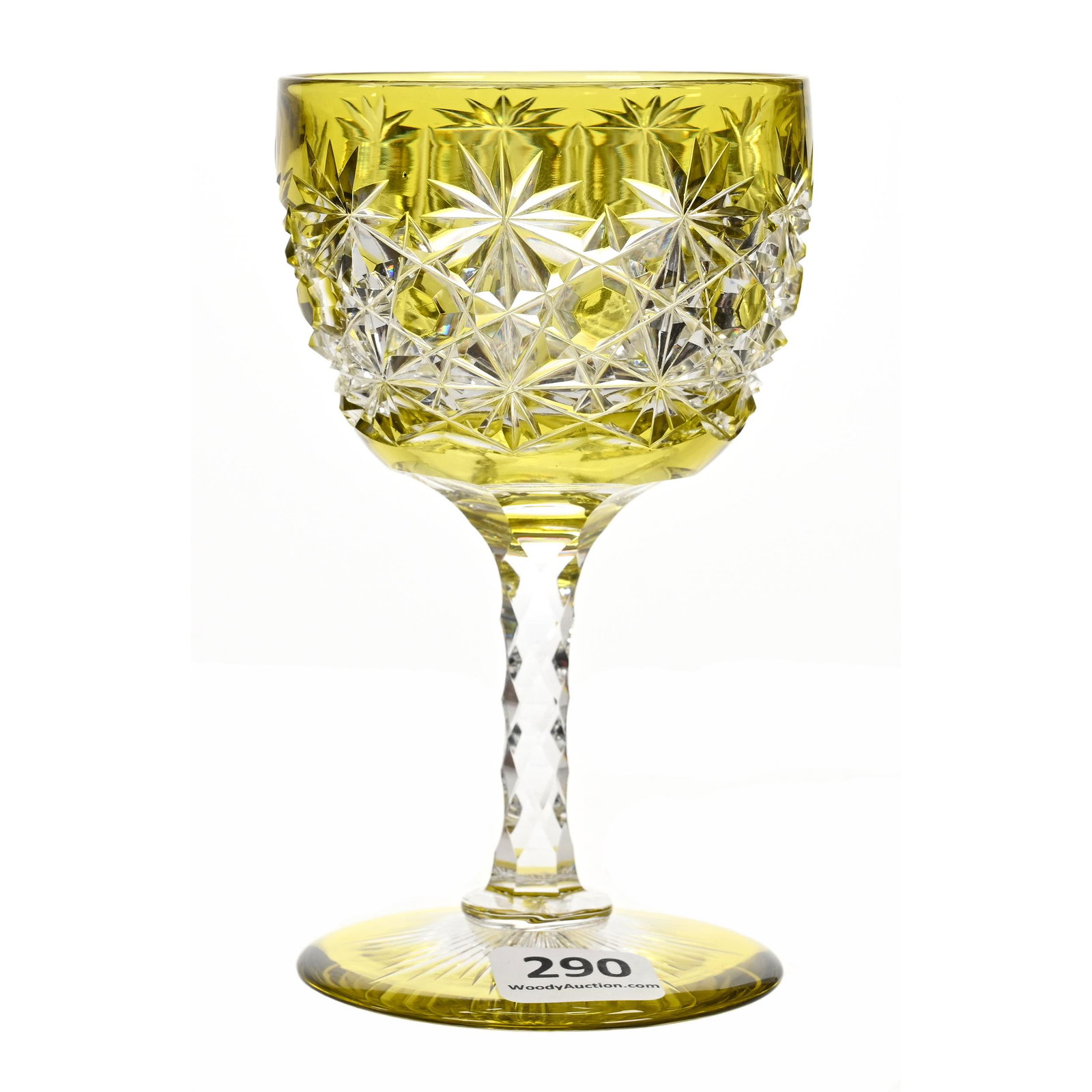 Wine Stem, ABCG, Yellow Cut To Clear: Wine Stem, ABCG, Yellow Cut To Clear, 4.75" x 2.75", Russian Pattern By Straus, Diamond Cut Stem, Colored Ray Cut Foot, Dennis R. Lemon Collection.