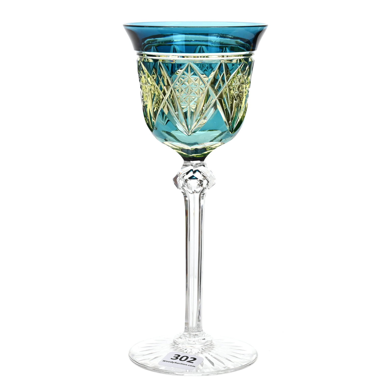 Wine Stem, BPCG, Blue Cut To Vaseline: Wine Stem, BPCG, Blue Cut To Vaseline, 7.5" x 3.25", Ferber Pattern By Val St. Lambert, Circa 1925, Connecticut Private Collection.