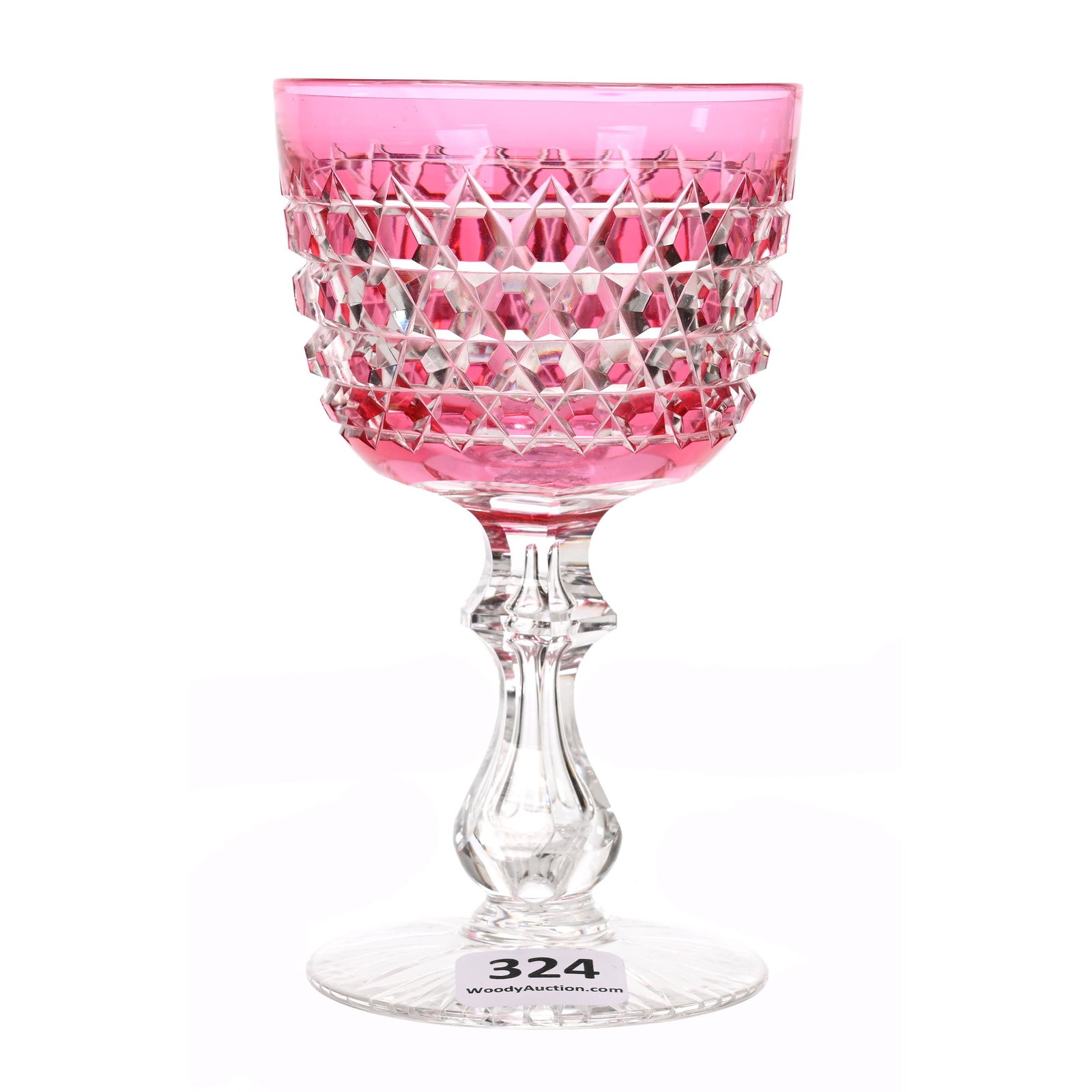 Wine Stem, ABCG, Cranberry Cut To Clear: Wine Stem, ABCG, Cranberry Cut To Clear, 4.75" x 2.75", Hob Diamond Pattern By Dorflinger, Flashed Ray Cut Foot, Dennis R. Lemon Collection.