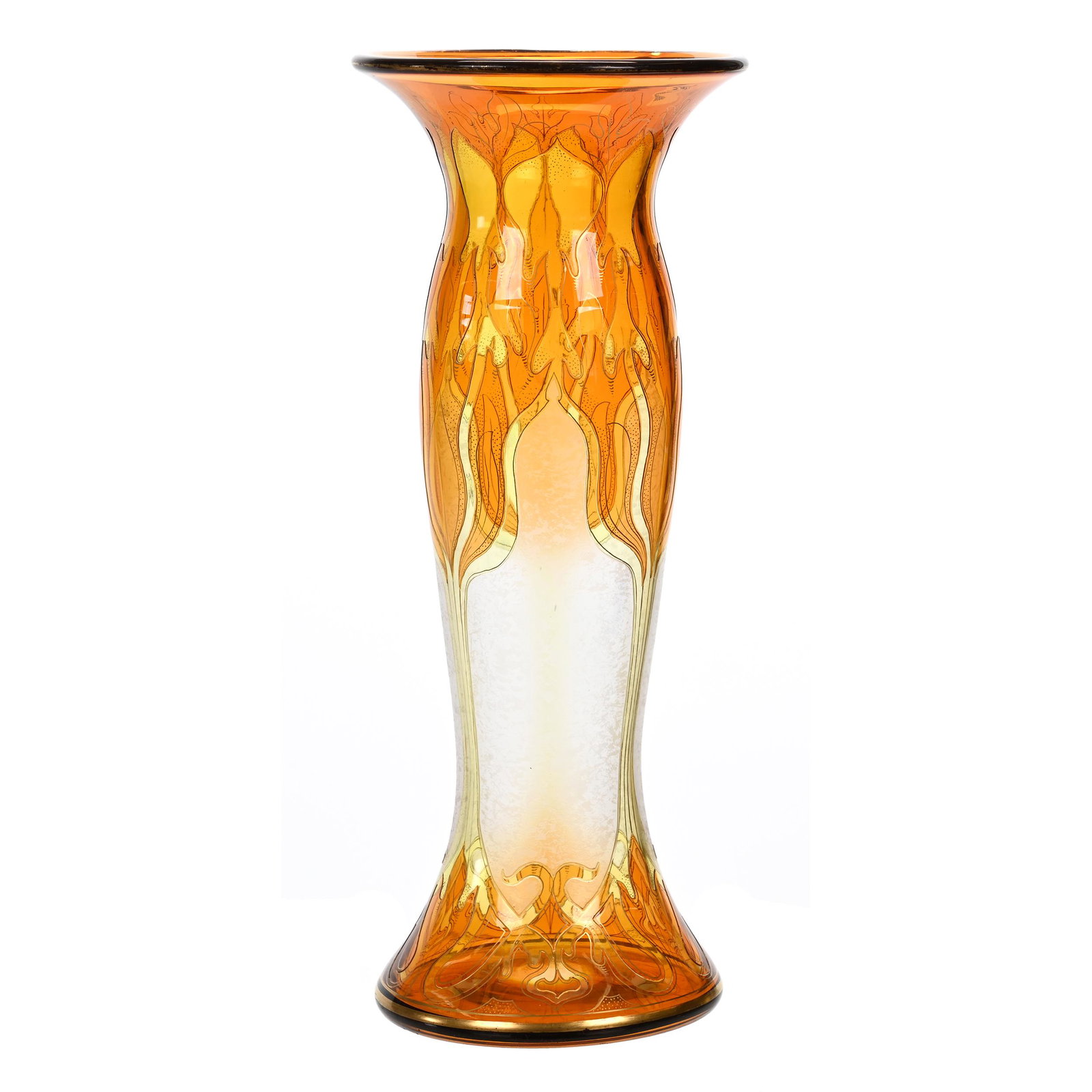 Vase Signed Honesdale By Dorflinger: Vase Signed Honesdale By Dorflinger, 13.5" x 5.5", Orange Cut To Yellow Cut To Clear, Flame Design With Gold Stencil Highlights, Very Nice, Dennis R. Lemon Collection.