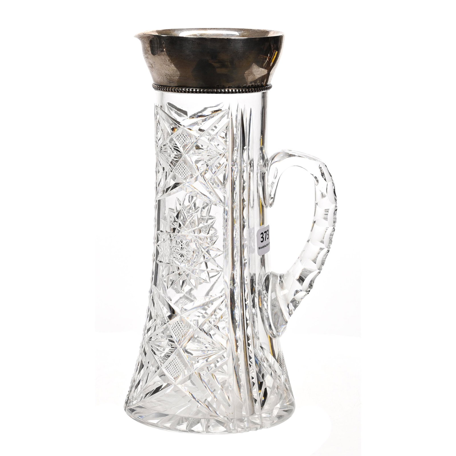 Tankard, American Brilliant Cut Glass, Sterling Silver: Tankard, American Brilliant Cut Glass, Sterling Silver Rim, 10" x 5", Hobstar, Strawberry Diamond, Prism And Fan Motif, Gorham #D490MG Sterling Spout, One Pattern Chip, One Base ChipDennis R. Lemon Co