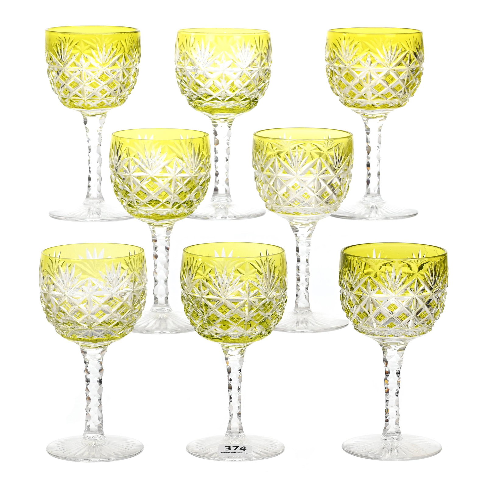 (8) Wine Stems, BPCG, Yellow Cut To Clear: (8) Wine Stems, BPCG, Yellow Cut To Clear, 5.25" x 2.75", Attributed To Val St. Lambert, Crosscut Diamond And Fan Motif, Diamond Cut Stems, Ray Cut Foot, Private Collection.