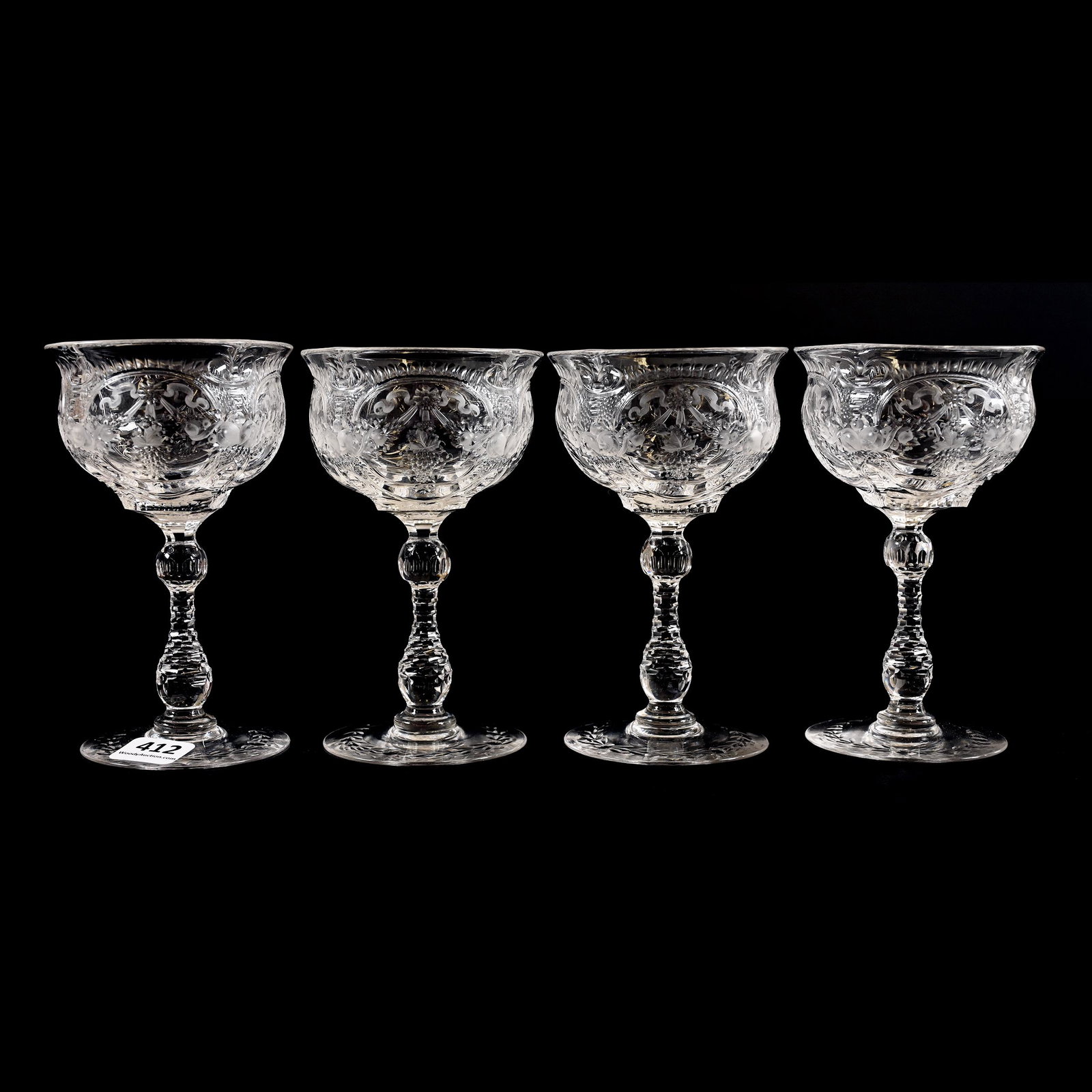 (4) Wine Stems, Rock Crystal Signed William Fritsche: (4) Wine Stems, Rock Crystal Signed William Fritsche, 5" x 3", Engraved Fruit Garland And Ribbon Design, Beautiful Set, Dennis R. Lemon Collection.