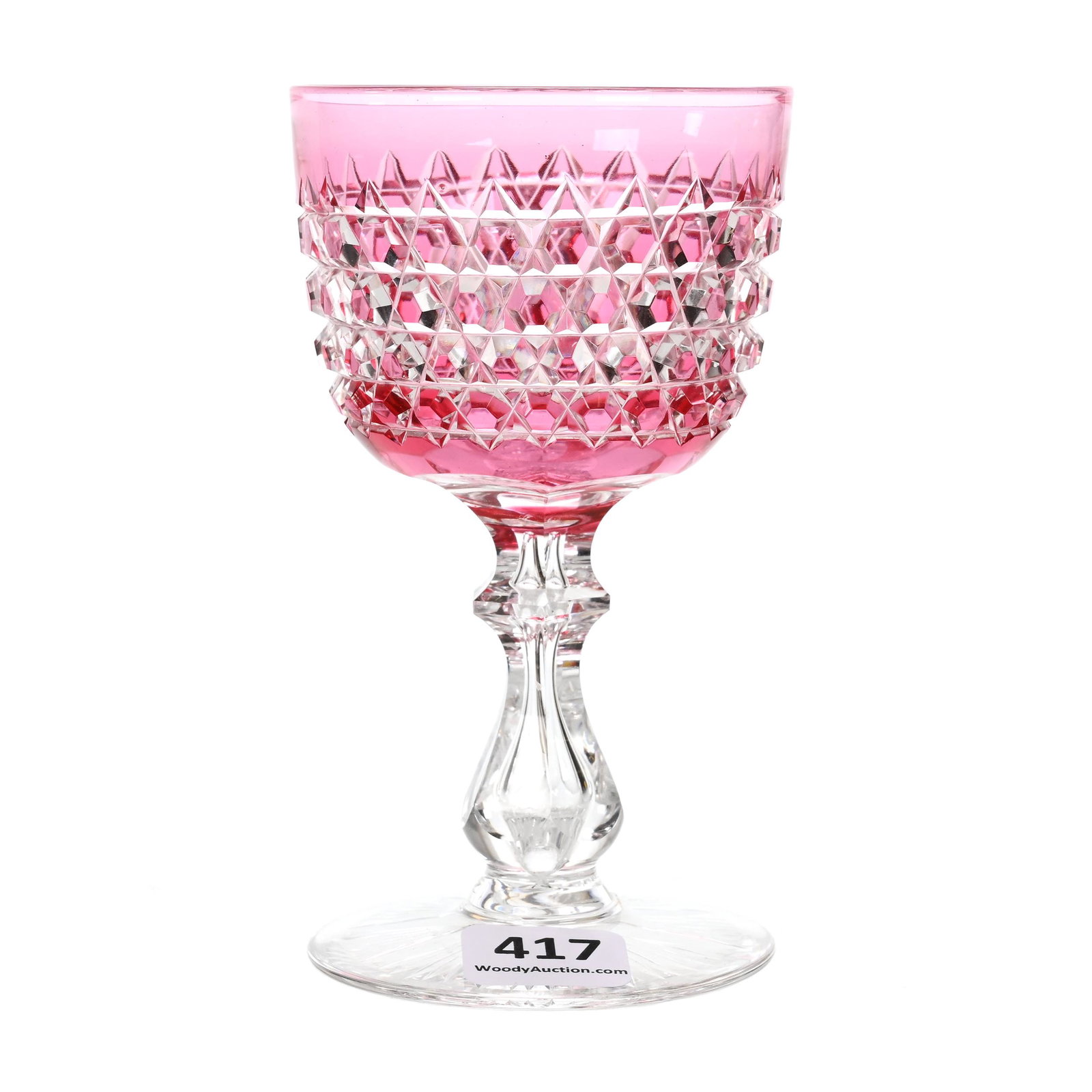 Wine Stem, ABCG, Cranberry Cut To Clear: Wine Stem, ABCG, Cranberry Cut To Clear, 4.75" x 2.75", Hob Diamond Pattern By Dorflinger, Flashed Ray Cut Foot, Dennis R. Lemon Collection.