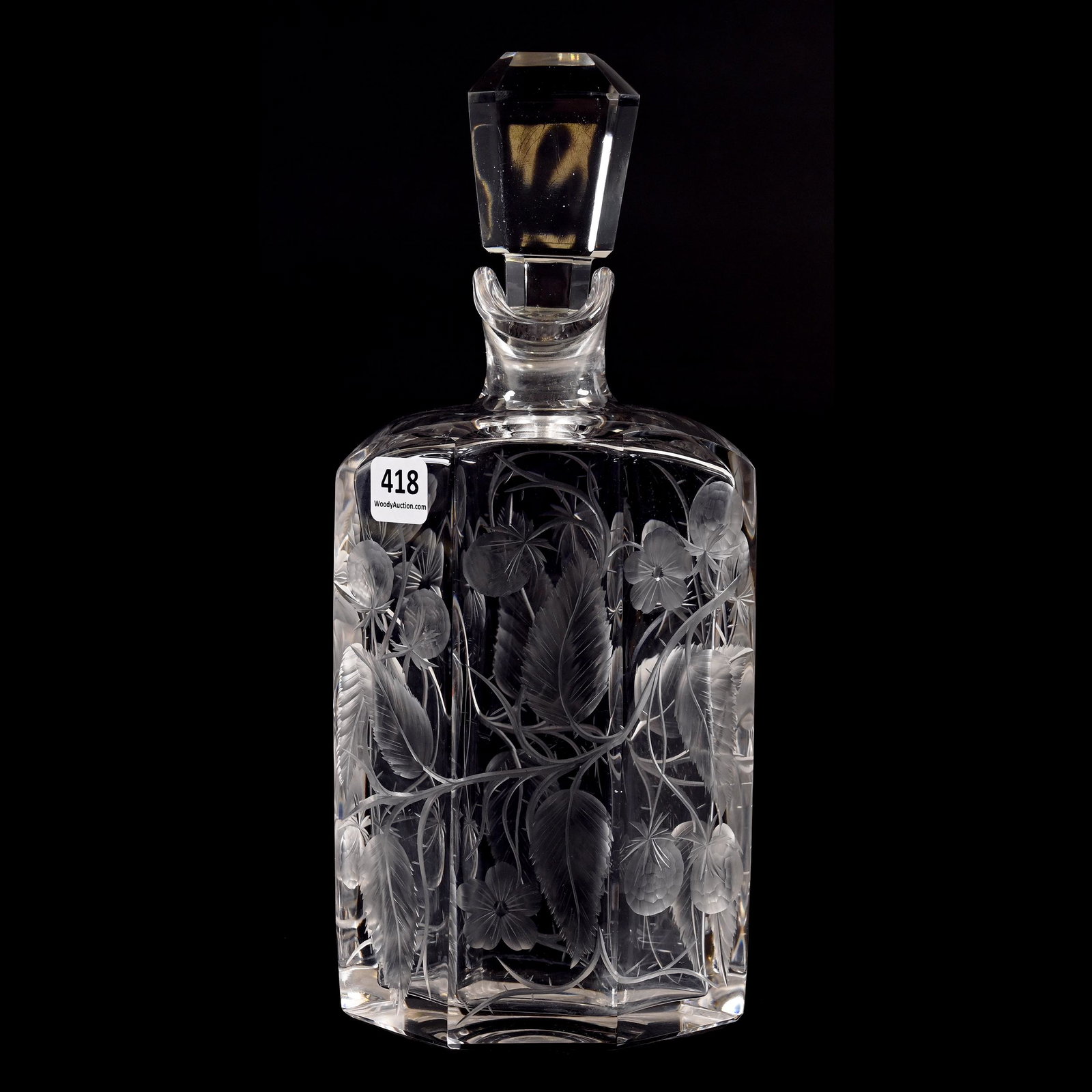 Decanter, Six-Sided, American Brilliant Cut Glass: Decanter, Six-Sided, American Brilliant Cut Glass, 10.5" x 4.5", Deeply Engraved Blackberry Pattern Attributed To Tuthill, Dennis R. Lemon Collection.